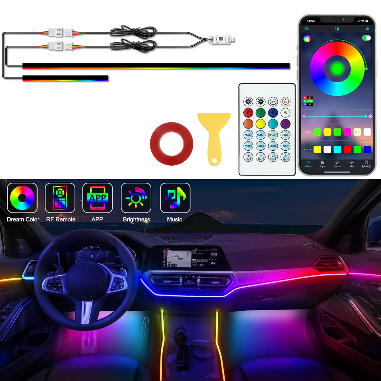 2-IN-1 RGB LED Car Interior Lights- USB Atmosphere Strips With Phone&APP Control