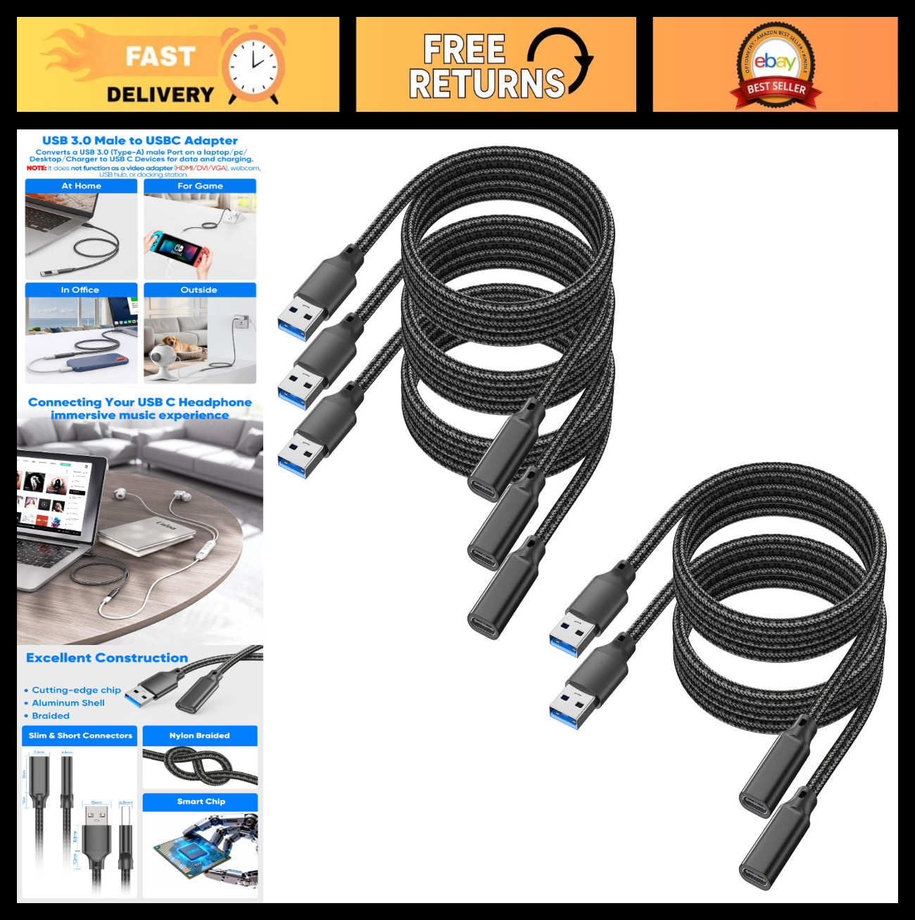 5FT USB C to USB A Cable 5-Pack, 10Gbps Data Transfer, 60W Charging Cord for Lap