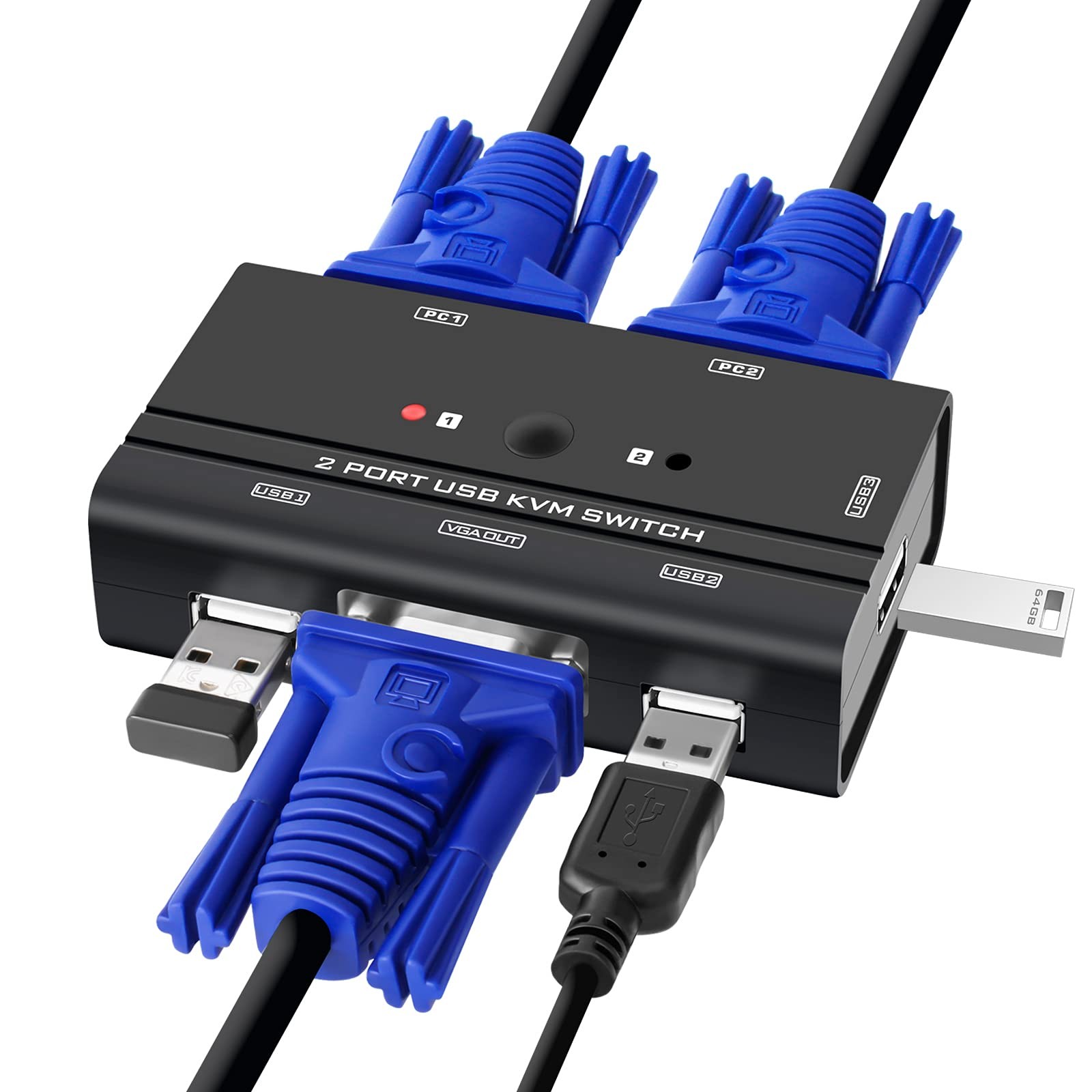 VGA USB KVM Switch, 2 Port Switcher Selector with 2