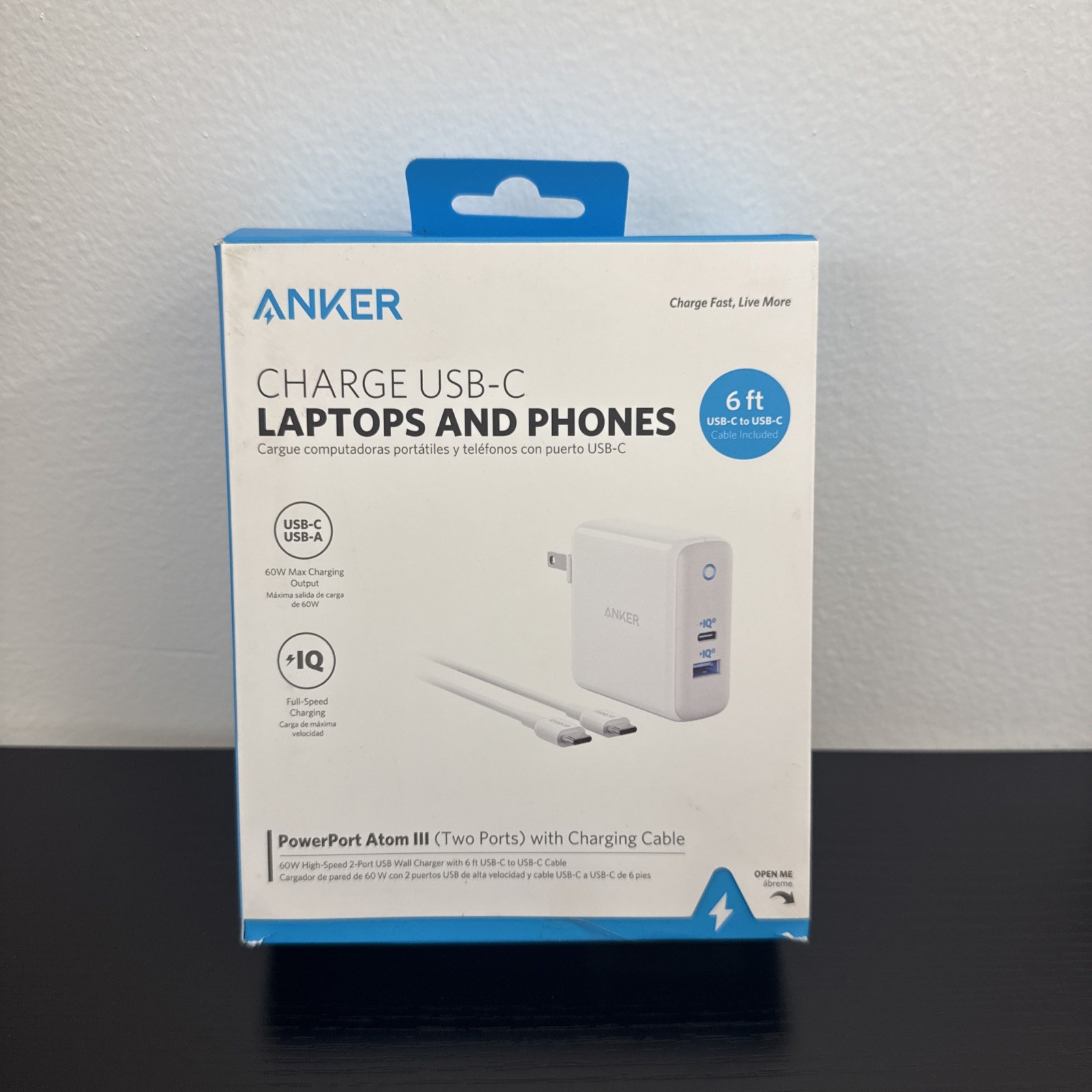Anker 6' USB-C 60W Power Port Atom III Two Ports w Charging Cable B2322J21-1
