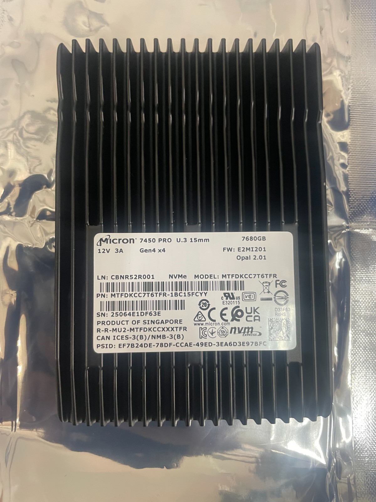 Micron 7450 Pro 7.68TB PCIE4.0 NVME 2.5" U.3 SSD MTFDKCC7T6TFR - 100% HEALTH