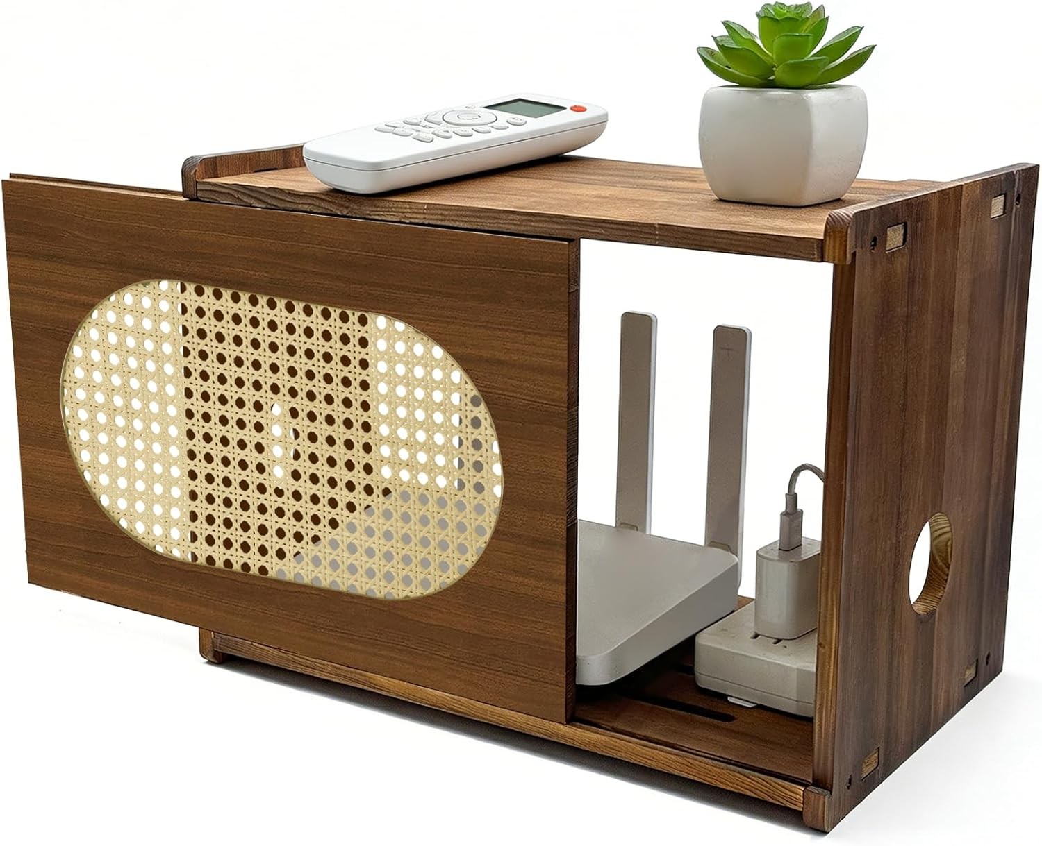 Wooden Wi-Fi Router Box Hider, Rattan Tabletop Cable Management Cabinet to Hide