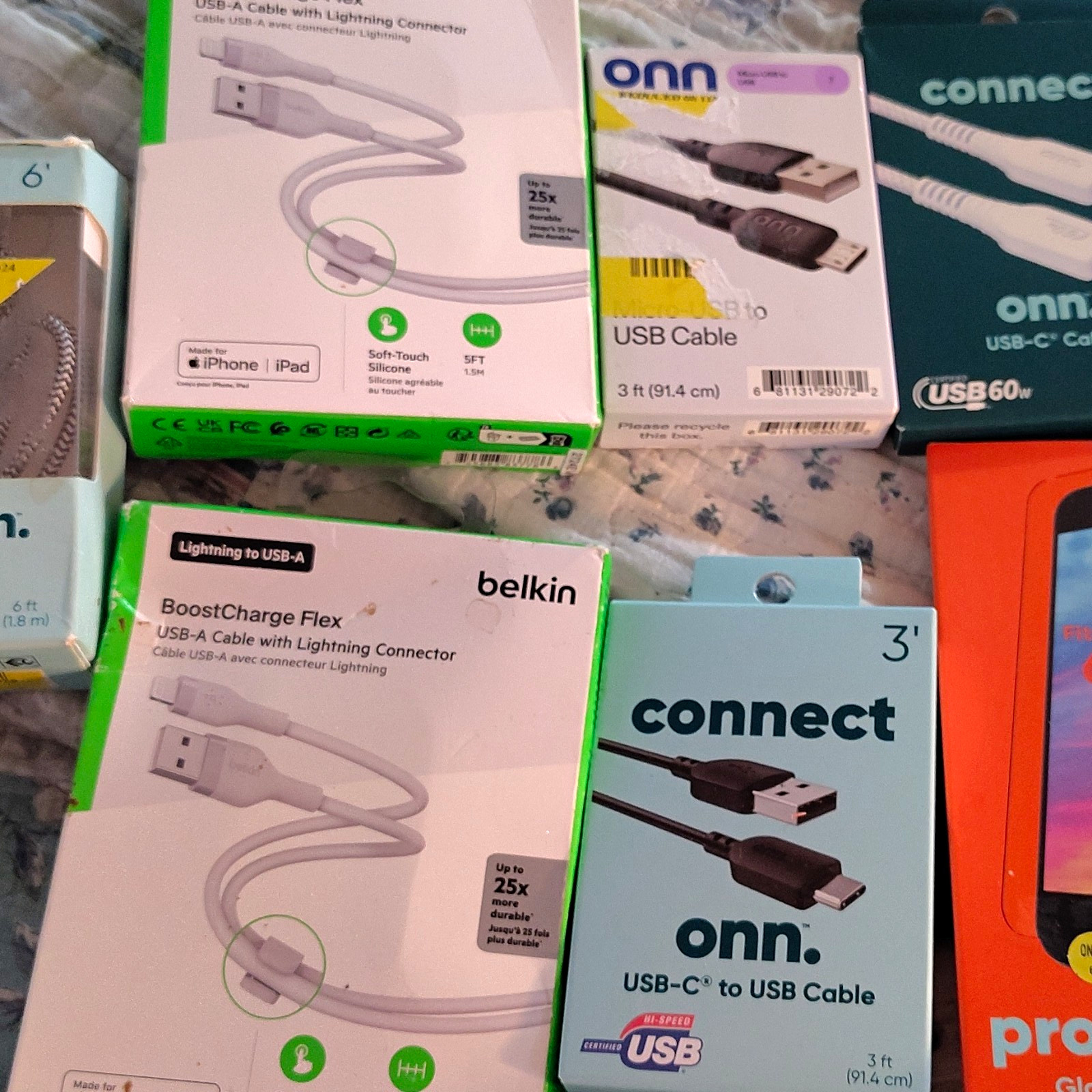 Lot Misc USB cables for I phone & android+2 glass screen protectors for I phone
