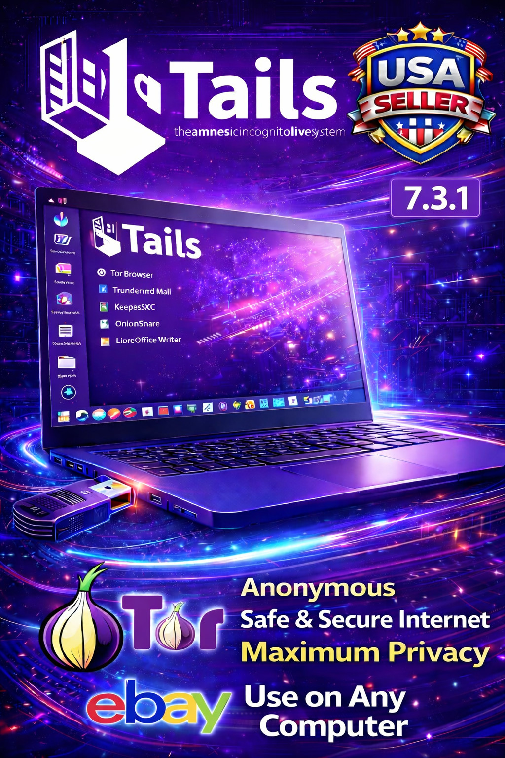 Bootable USB Prepared with Tails® Linux 7.3.1 Live OS 32 GB
