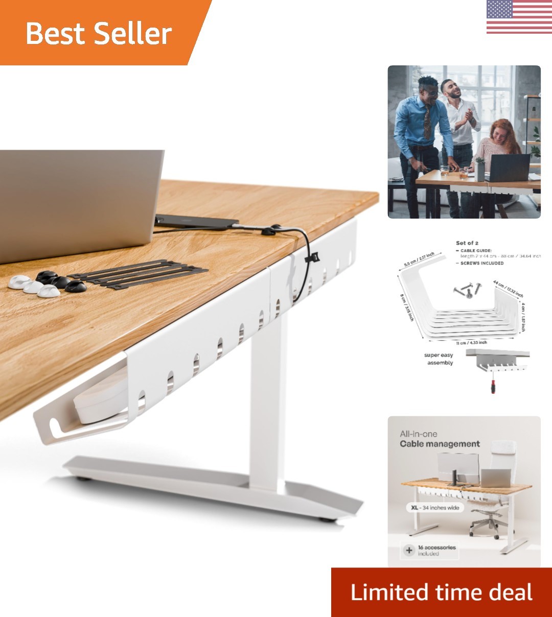 Sleek Under Desk Cable Management Set of 2 with 10 Ties - White and Silver
