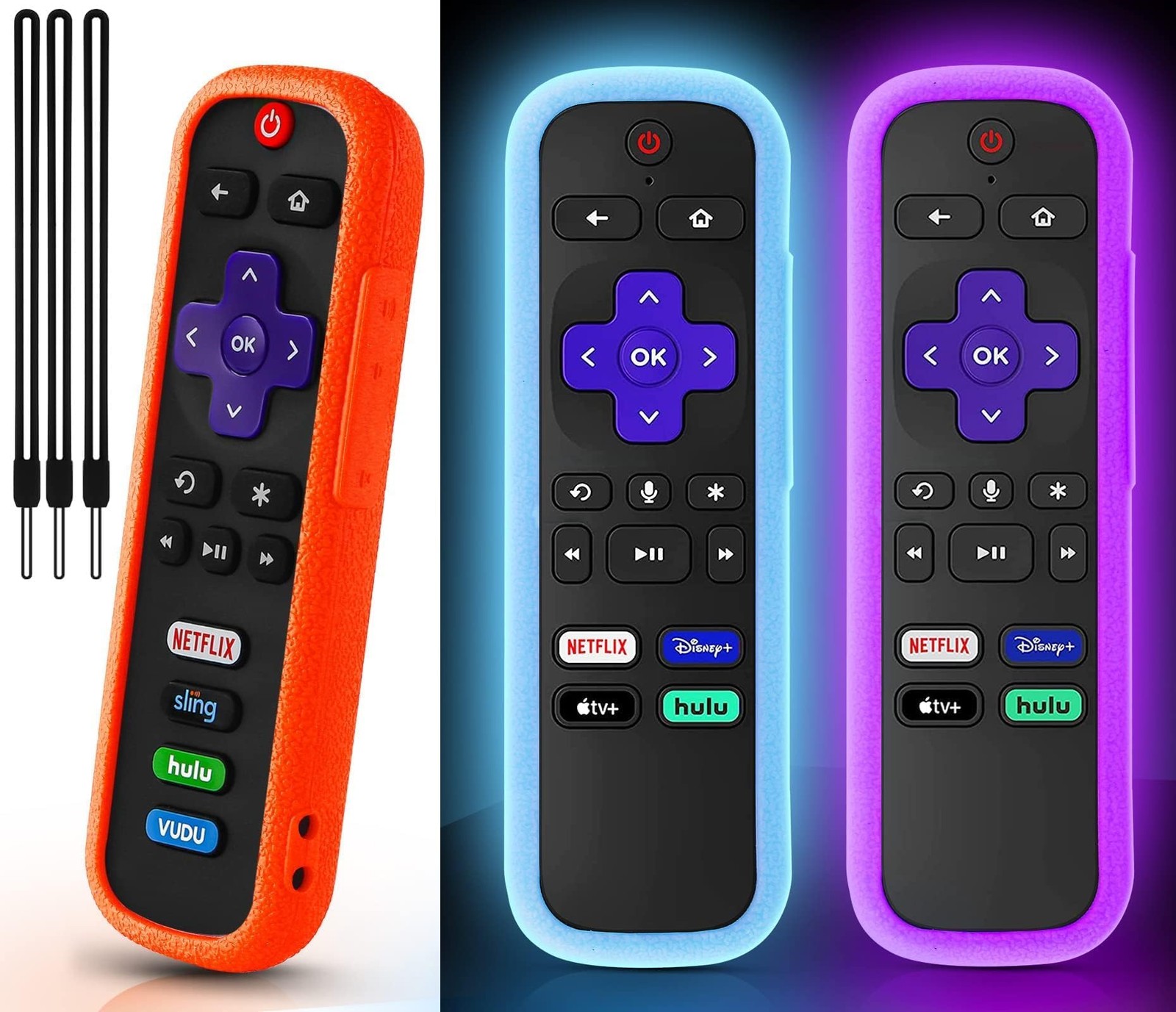 3Pack Case for RokuRemote, Remote Cover 3Pack, Glow Blue+Glow Purple+Orange