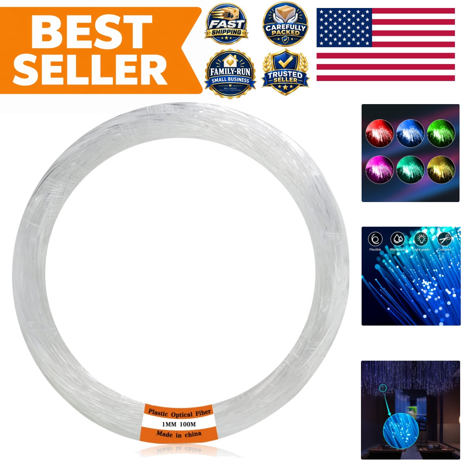 Plastic 0.04in/1mm Diameter 328ft100Meter PMMA Fiber Optic Roll End Glow Cabl...