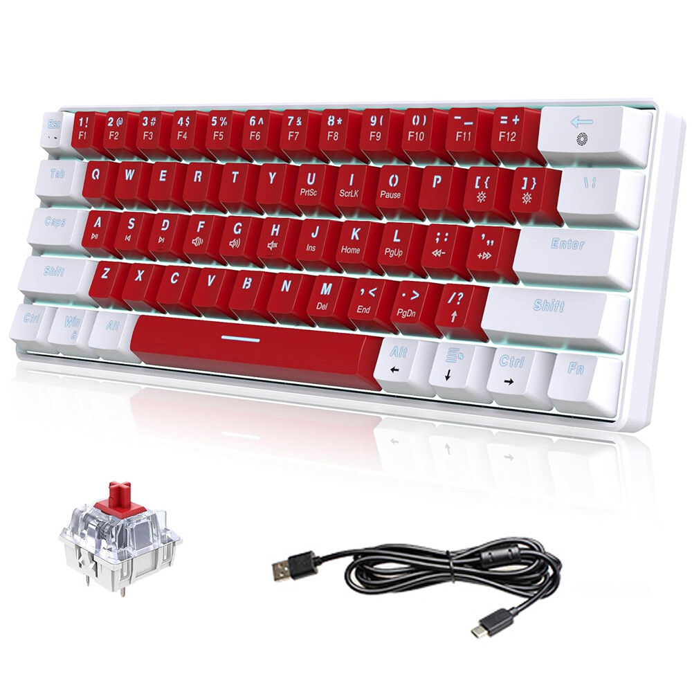 Snpurdiri 60% Wired Gaming Keyboard White LED Backlit 61 Key Small Ultra-Compact