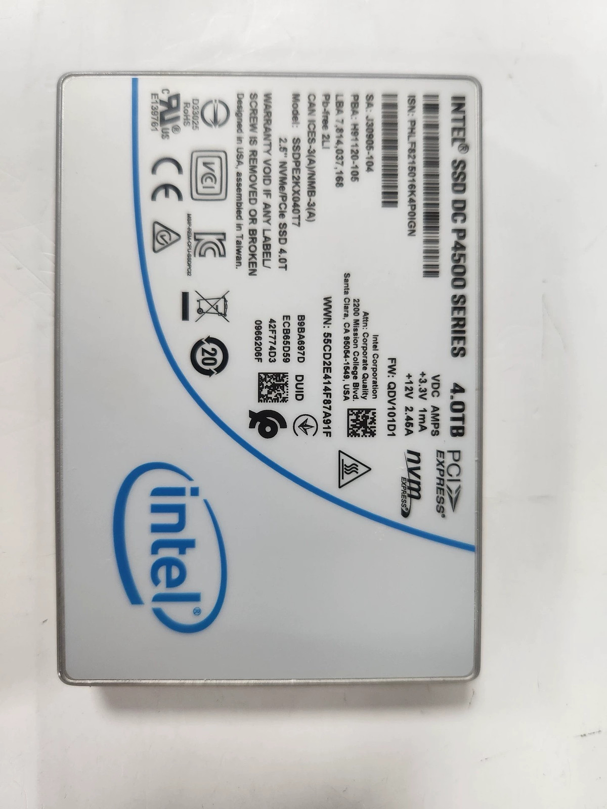 Intel DC P4500 series 4TB NVME PCIE 2.5-inch built-in SSDPE2KX040T7K-