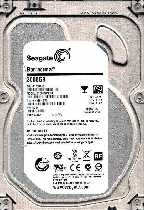 ST3000DM001 F/W: CC47 P/N: 1CH166-575 WU W1F3 07/2013 Seagate 3TB