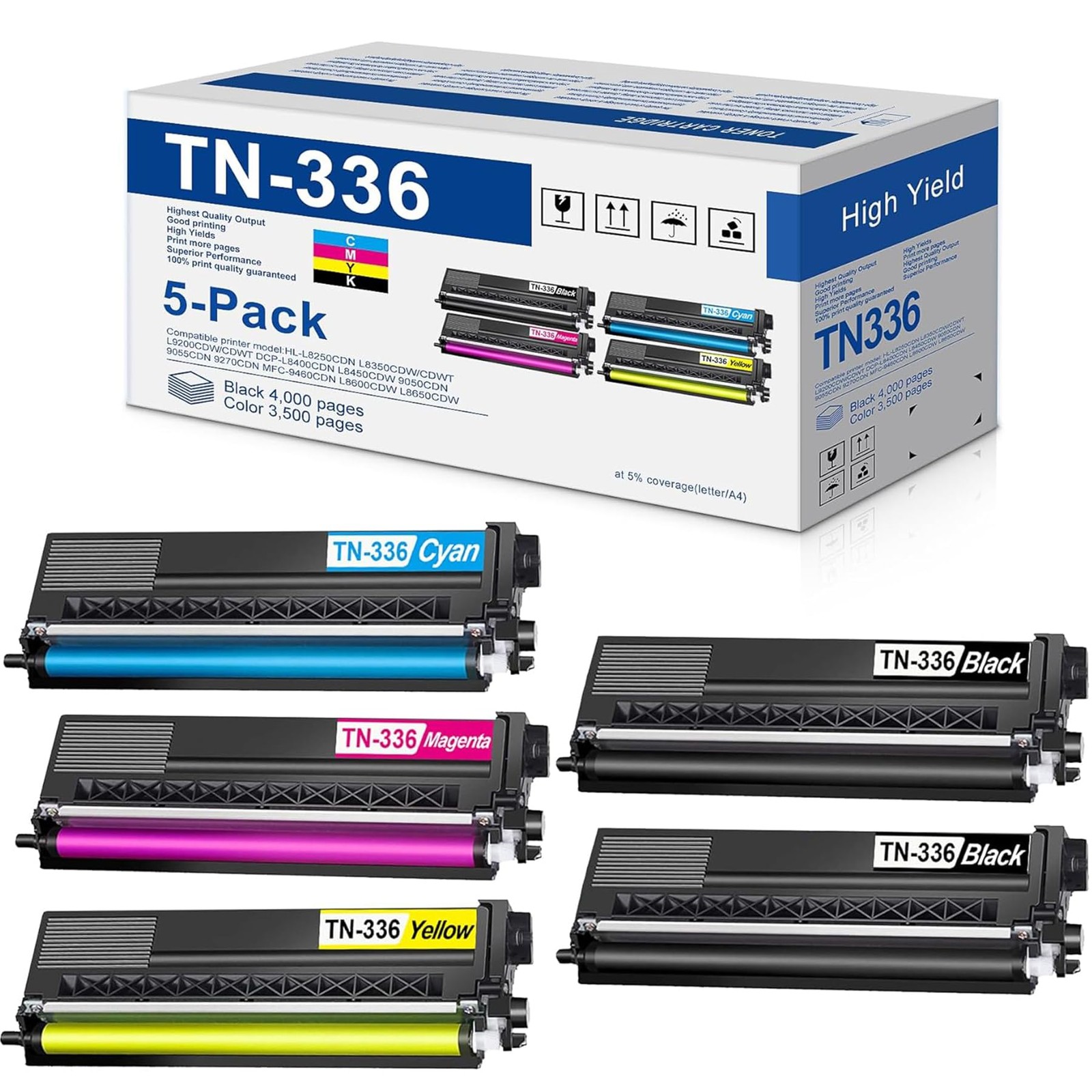 TN-336 Toner Cartridge High Capacity (5-Pack, 2BK/1C/1M/1Y) Replacement for Brot