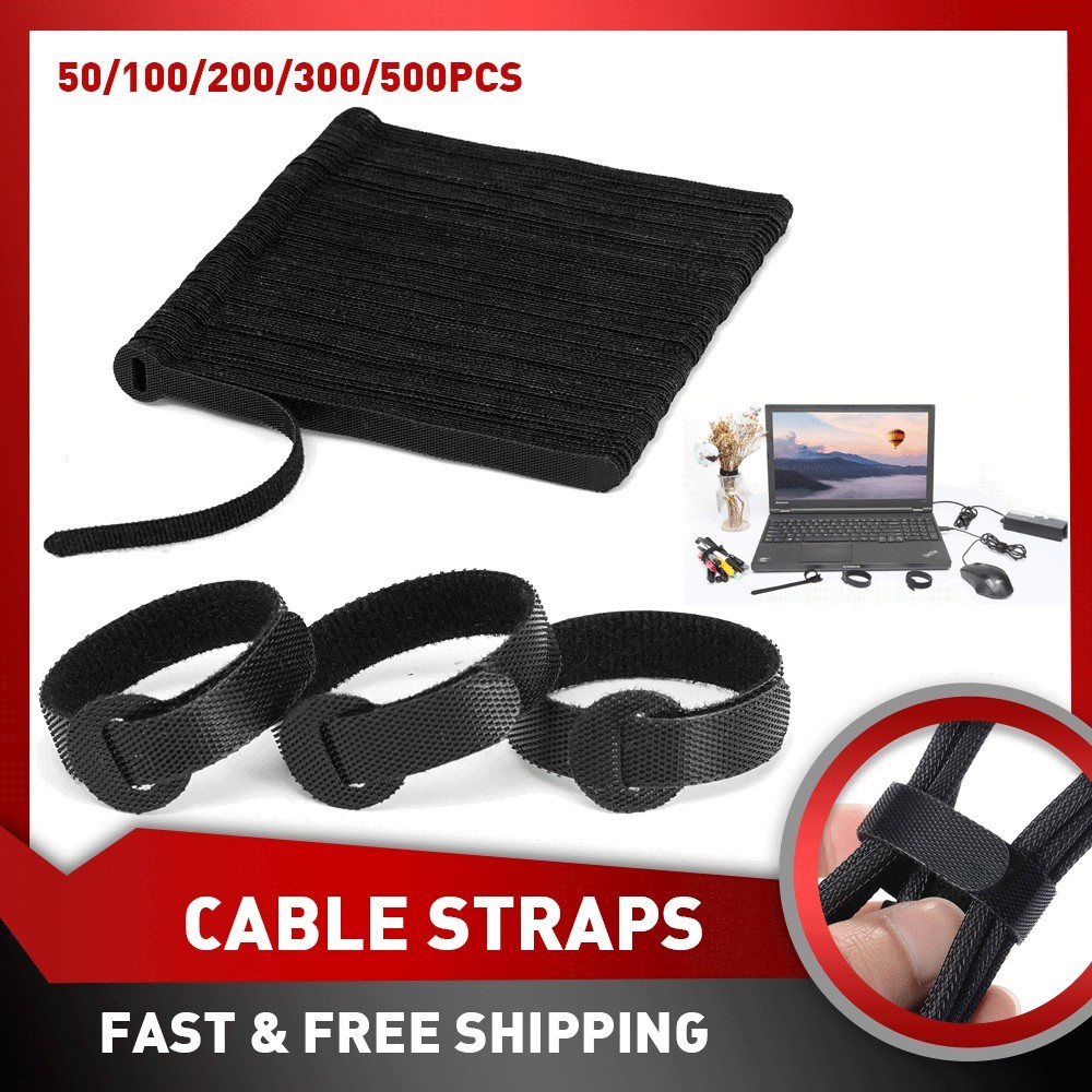 50Pcs Reusable Cable Straps Black Wire Cord Hook Loop Fastening Ties Organizer