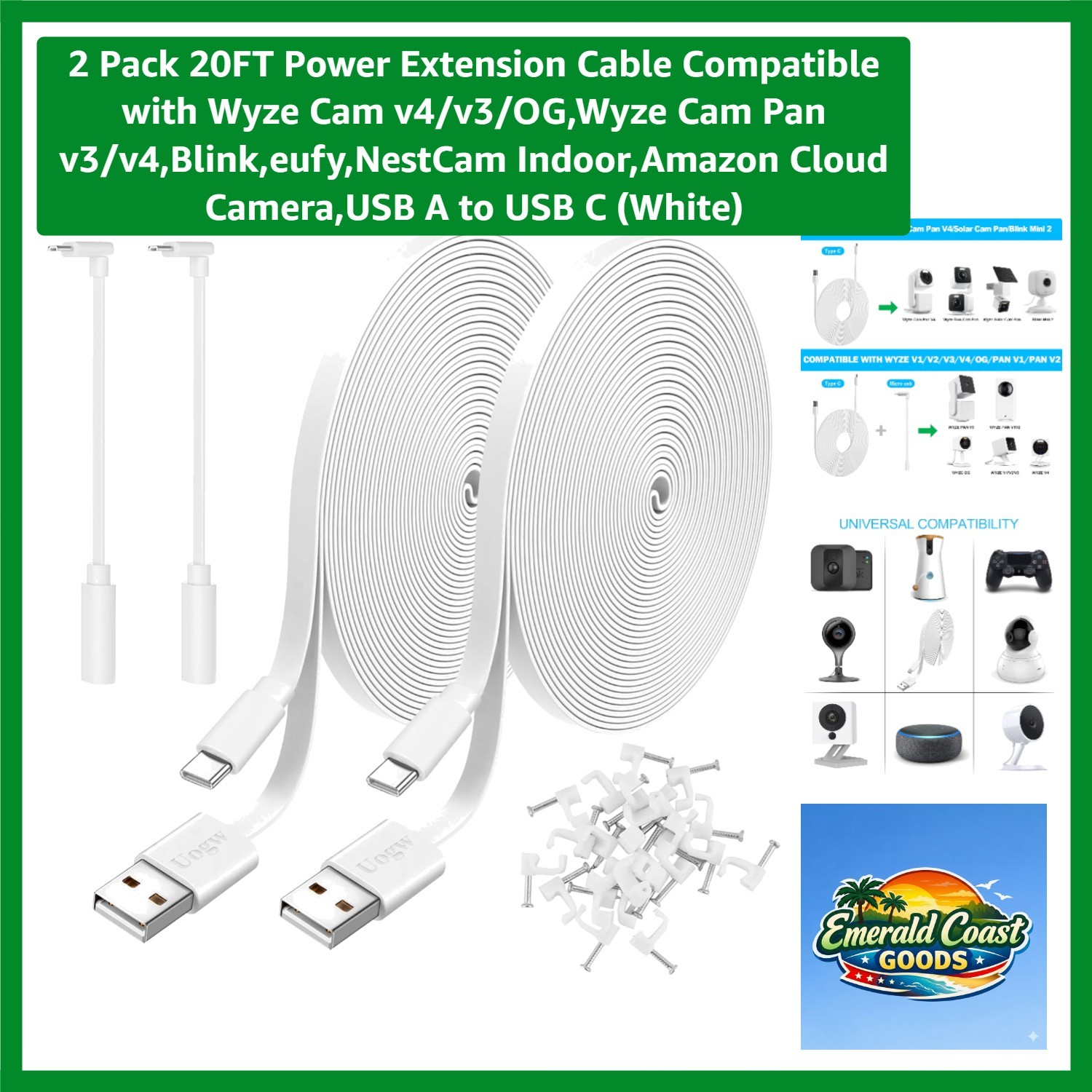 2 Pack 20FT Flat Extension Cable - USB A to C for Versatile Indoor/Outdoor Use