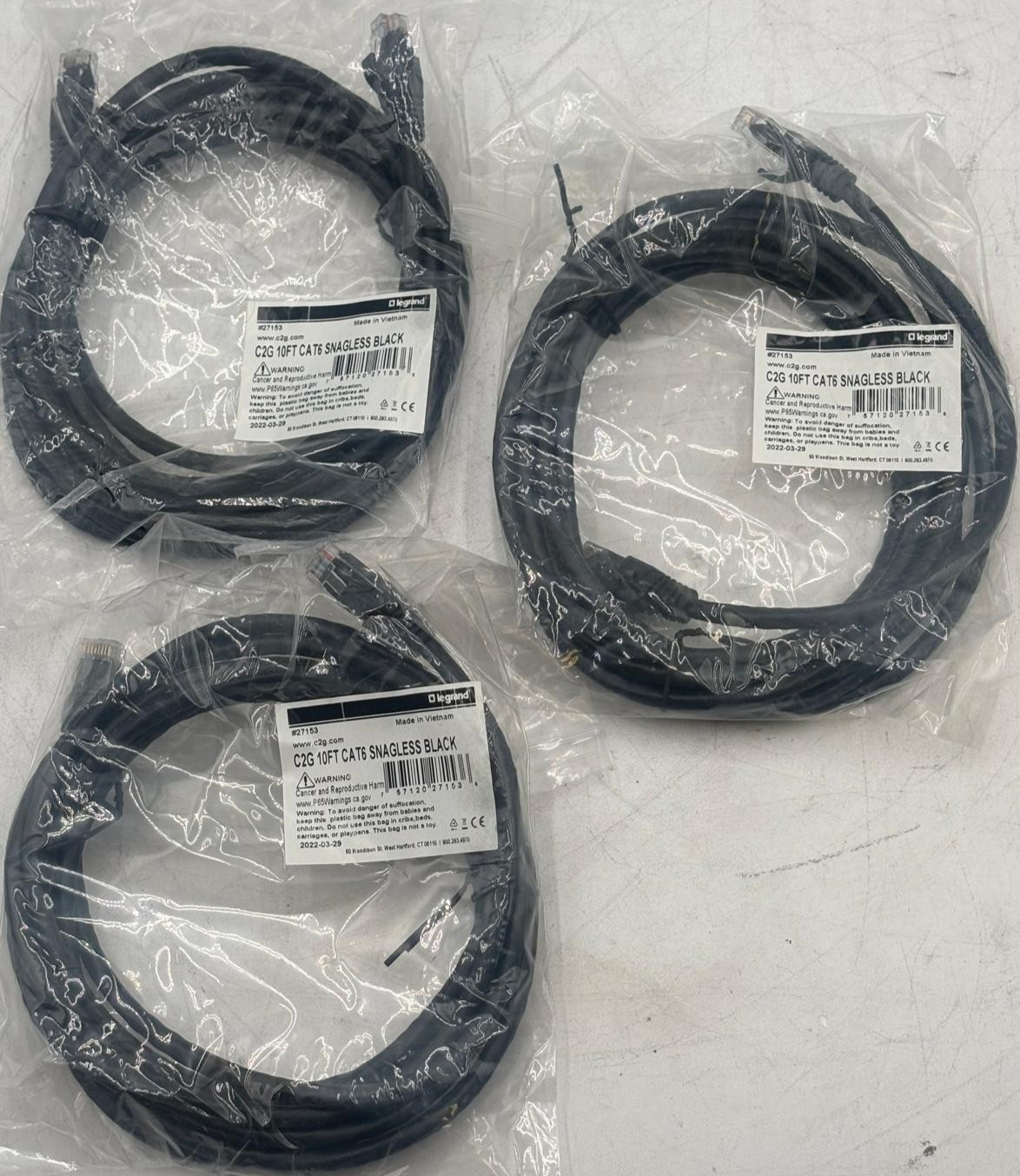 Lot of 3 Legrand C2G 10FT CAT6 Snagless Black Cable 27153 - NEW
