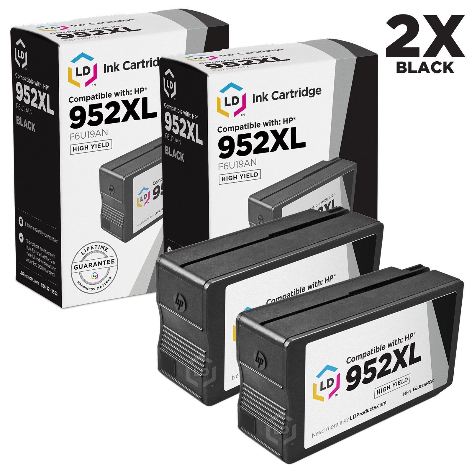 LD 2pk Comp BLack Ink Cartridge for HP 952XL 952 XL F6U19AN 8726 8727 8728