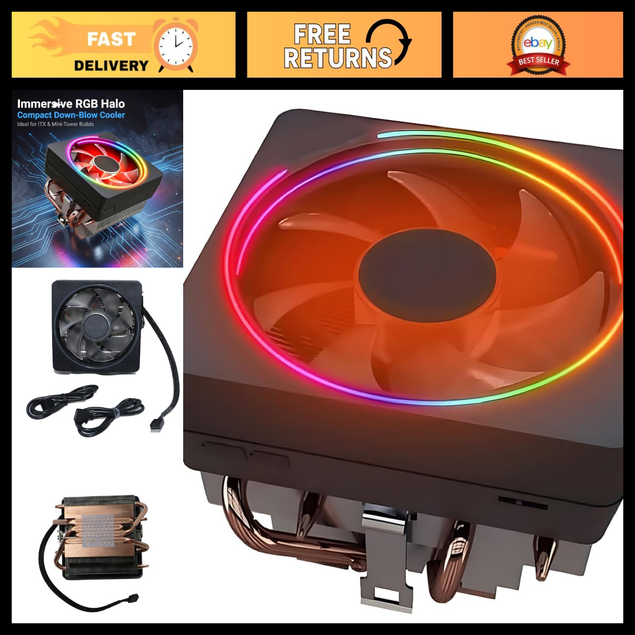 High-Performance CPU Cooler with RGB, 95mm Fan, Copper Base, AMD AM5/AM4/AM3 Com