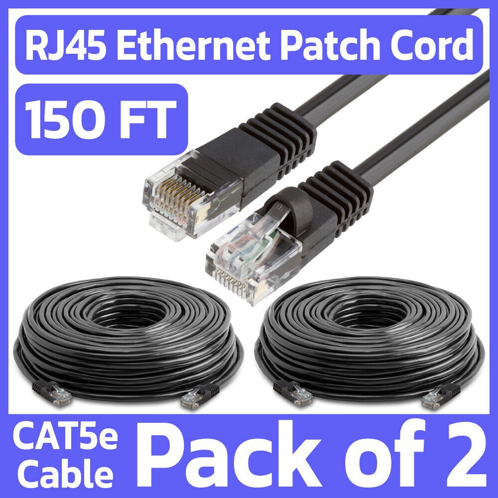 2 Pack Cat5e Cable Black 150 Feet Ethernet Patch Cord Lan Network Internet Wire