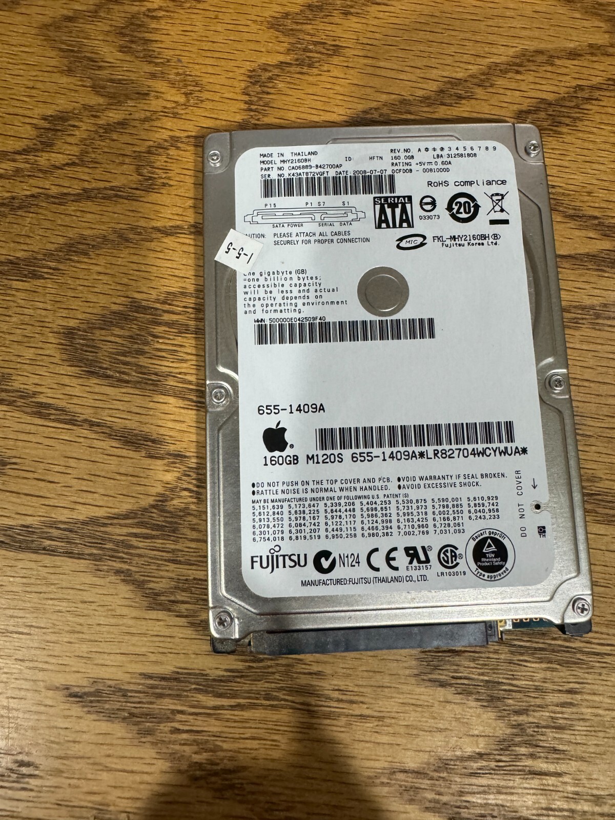 APPLE Fujitsu MHY2160BH, CA06889-B42700AP, 0CFE1A-0081000D, 160GB SATA 2.5 HD 39