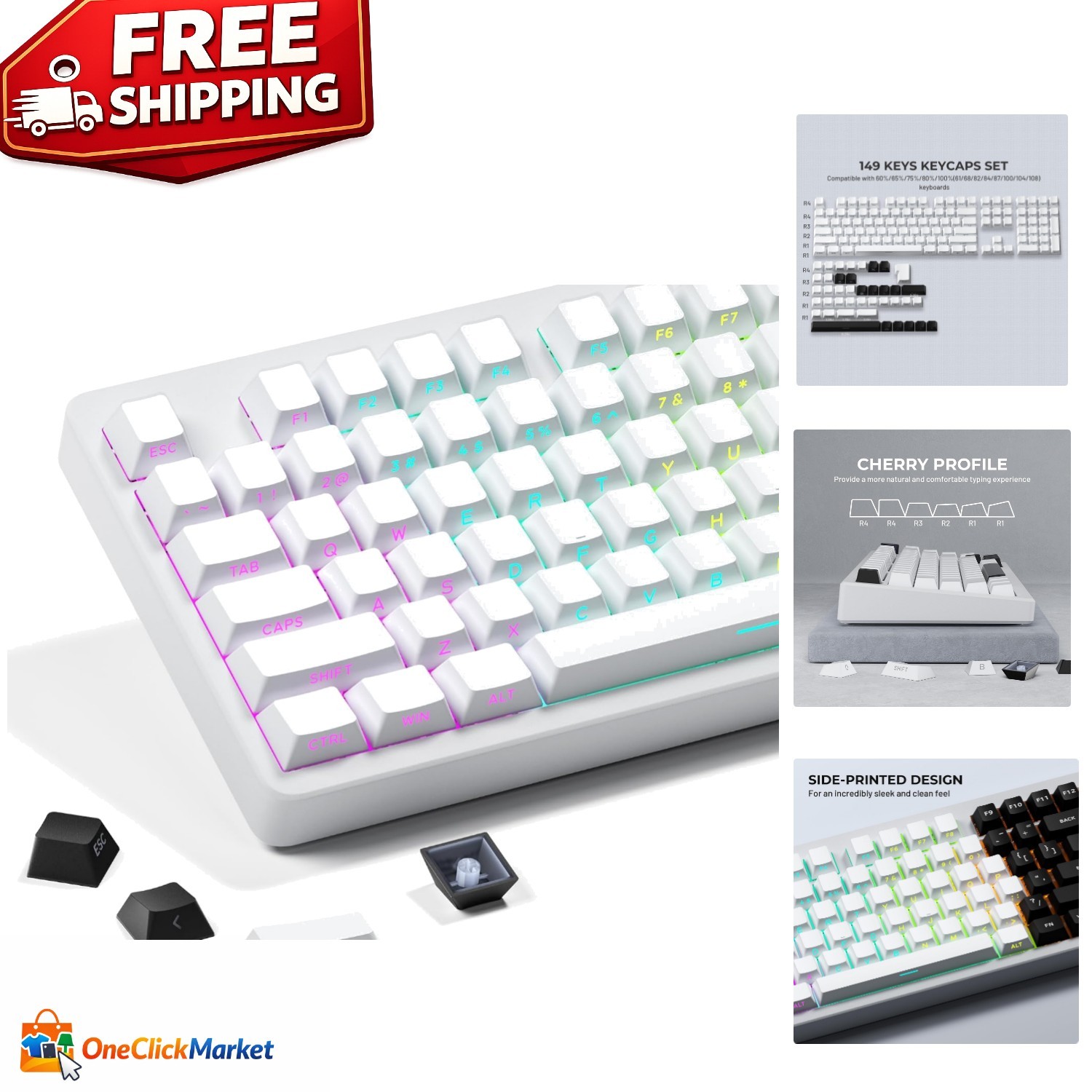 Ergonomic 132 Key PBT Keycap Set with Side Print - RGB Compatible for Gaming