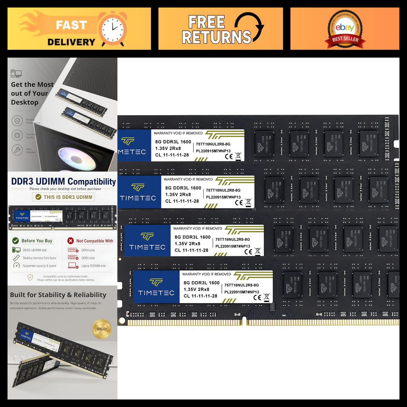 32GB DDR3L 1600MHz RAM Upgrade Kit (4x8GB) Non-ECC Unbuffered 240-Pin UDIMM