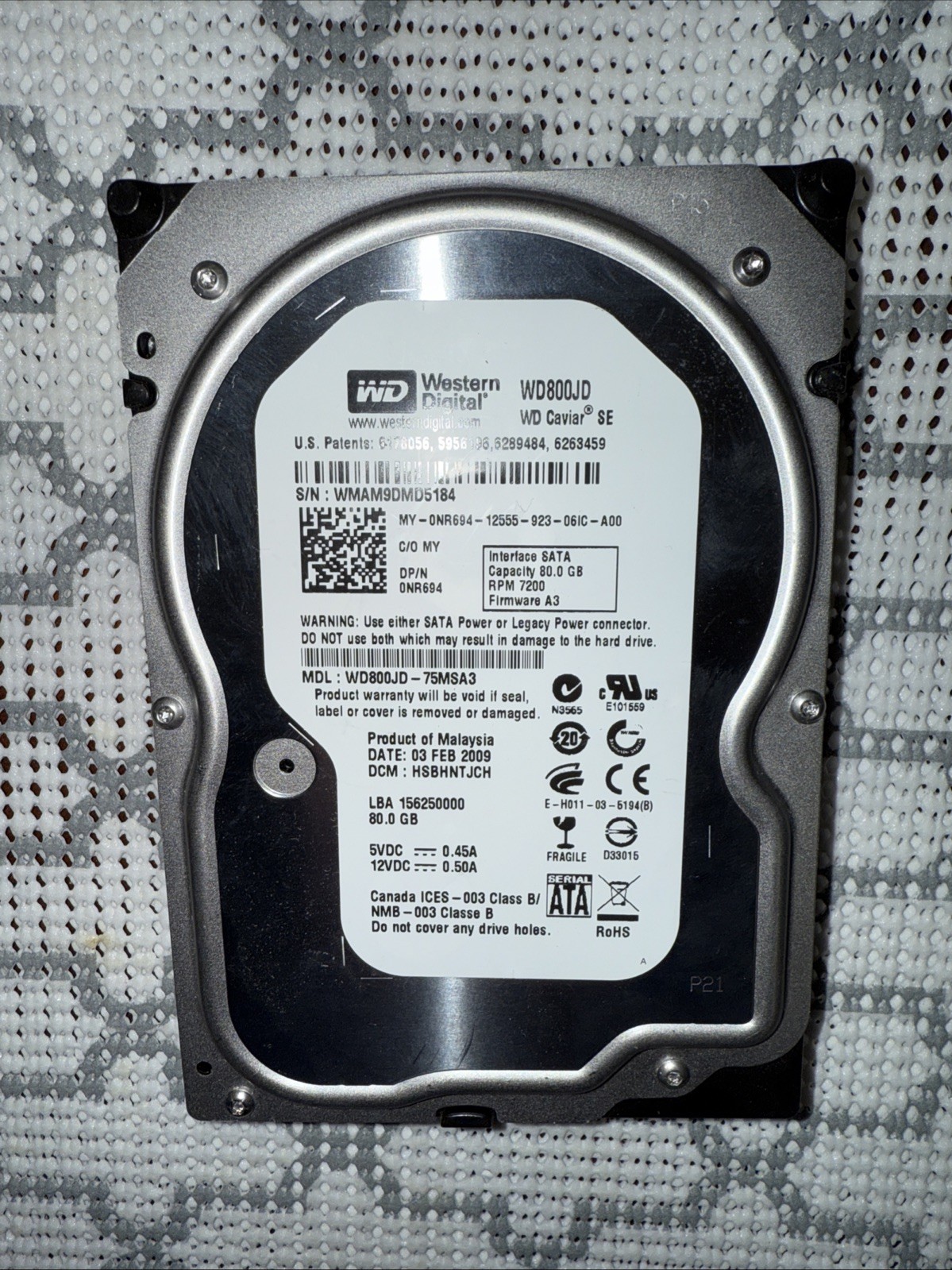 WESTERN DIGITAL WD800JD-75MSA3 80GB 7200 RPM SATA HARD DRIVE