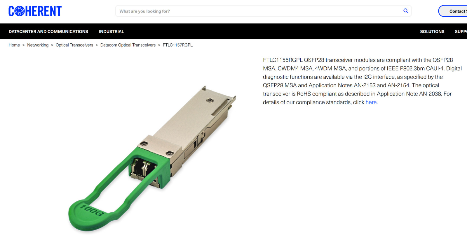 Coherent FTLC1157RGPL Fiber Optic Transceiver QSFP28 2km 100GE CWDM4 (OEM) *NEW*