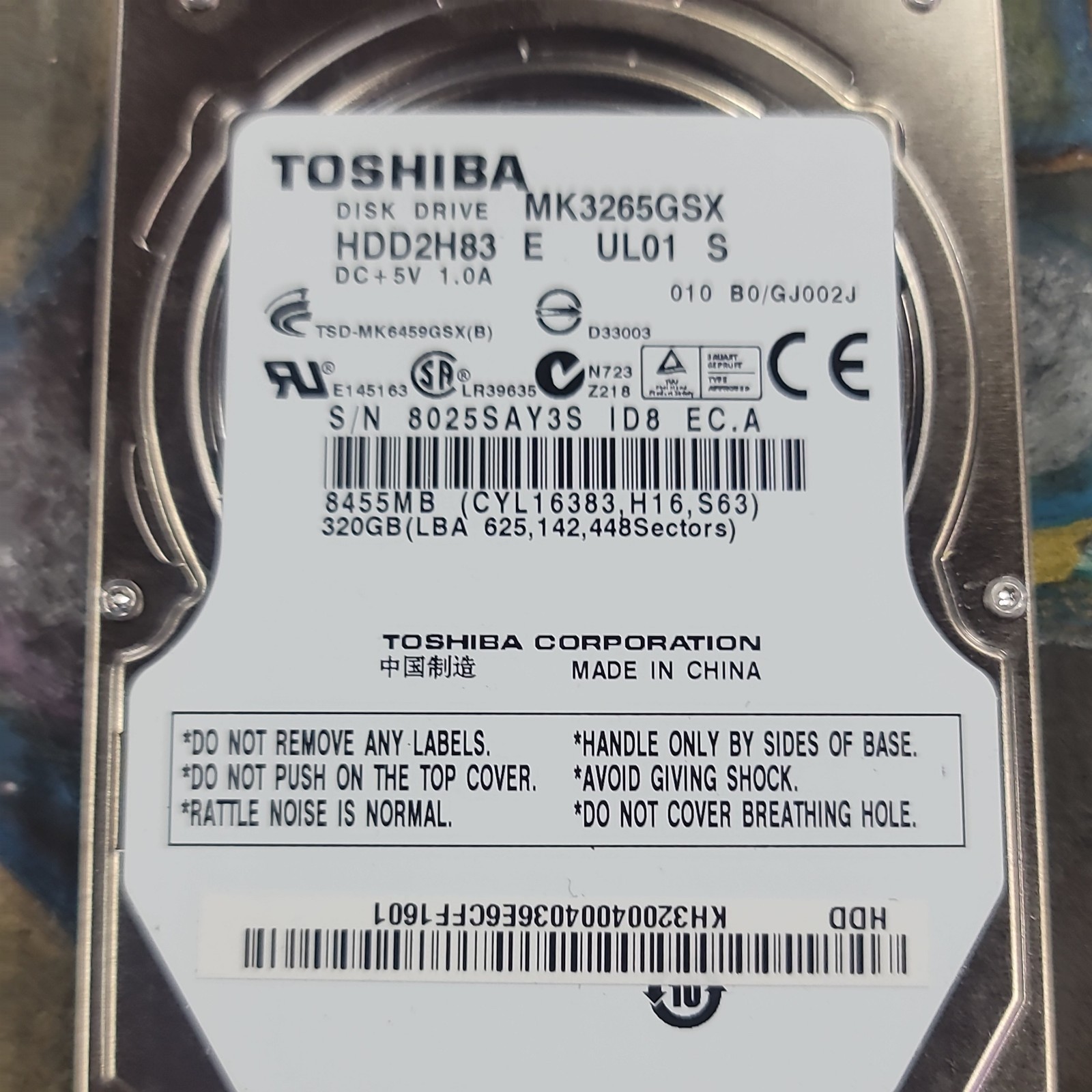 Toshiba MK3265GSX (HDD2H83 E UL01 B) 010 B0/GJ002J Laptop 320GB 2.5" SATA HDD