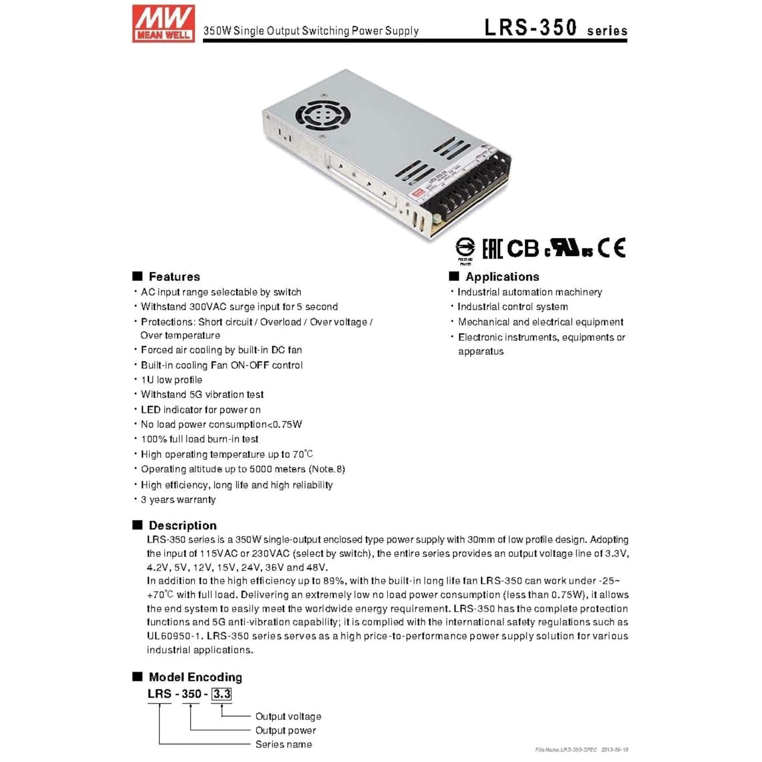 Compact Switchable Power Supply 24V 14.6A LRS-350-24