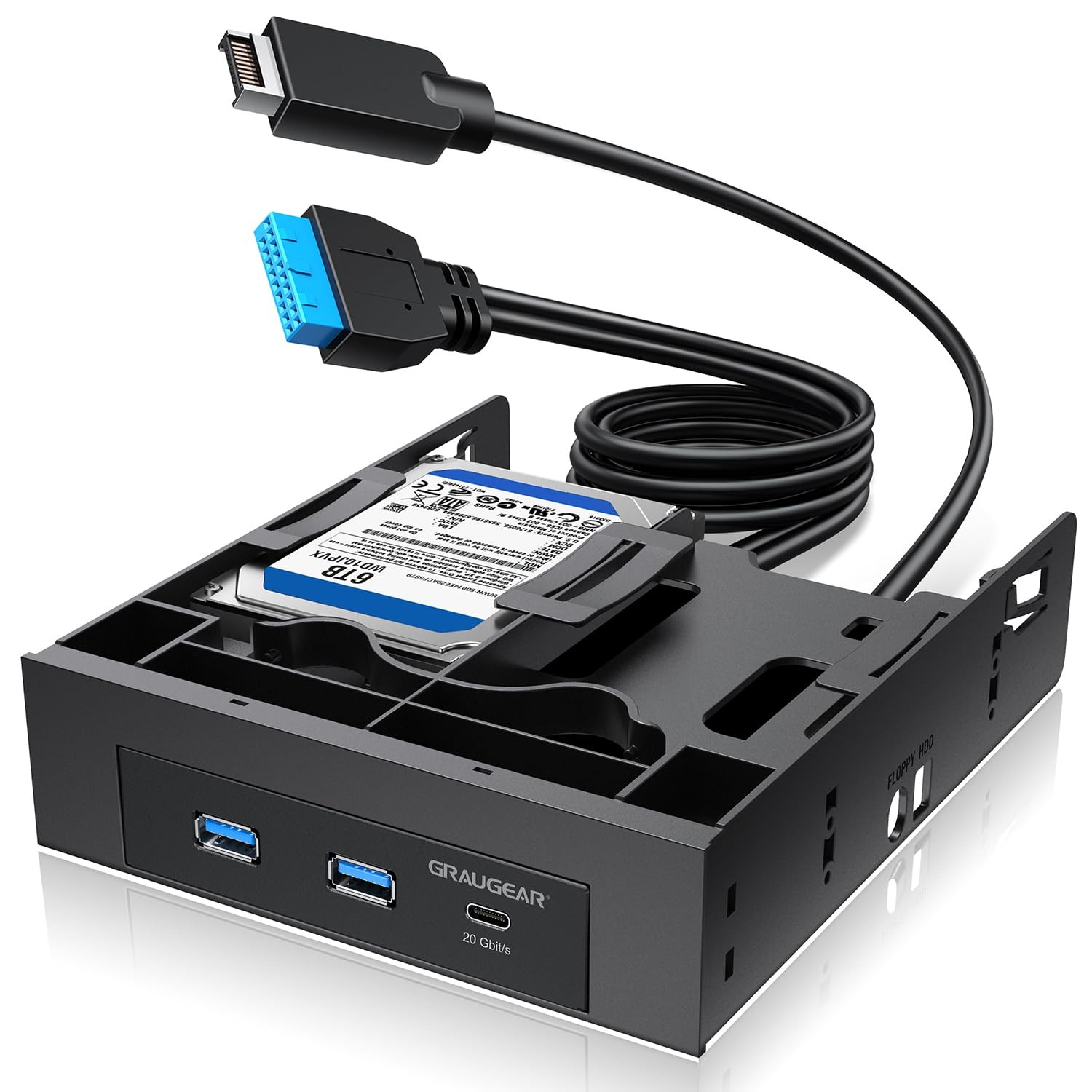 GRAUGEAR 5.25 Inch Internal USB Hub Front Panel – USB‑C 20Gbps + 2X Black