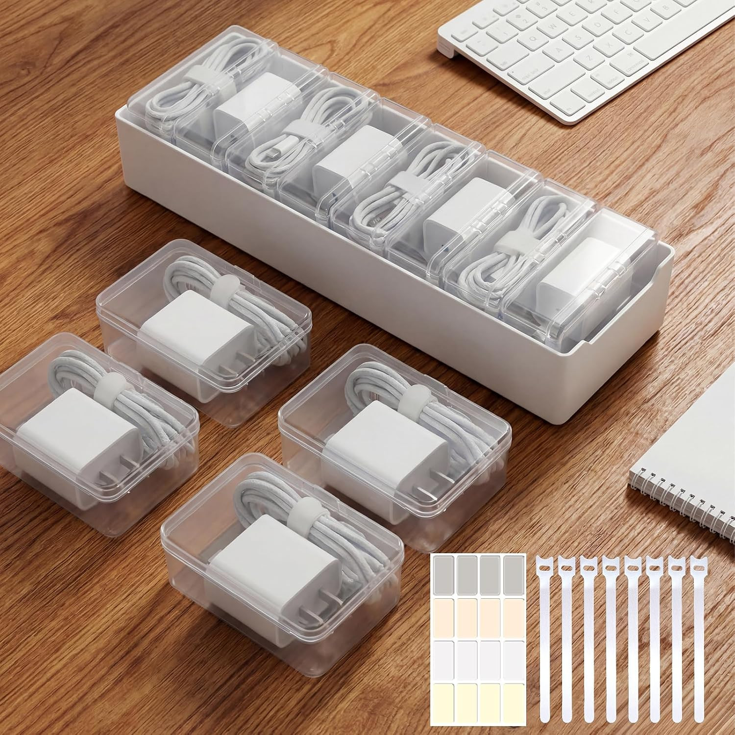 8 Individual Cable Organizer Boxes with Base, Cord Storage Organizer with Labels