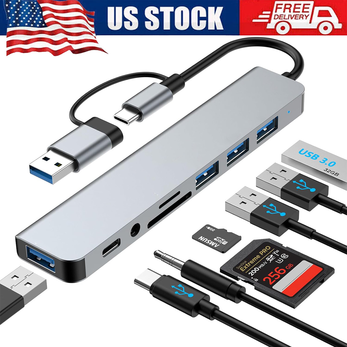 USB 3.0 Hub 8 Port Extender Splitter AC Adapter Cable PC Laptop TF/SD Card iPad