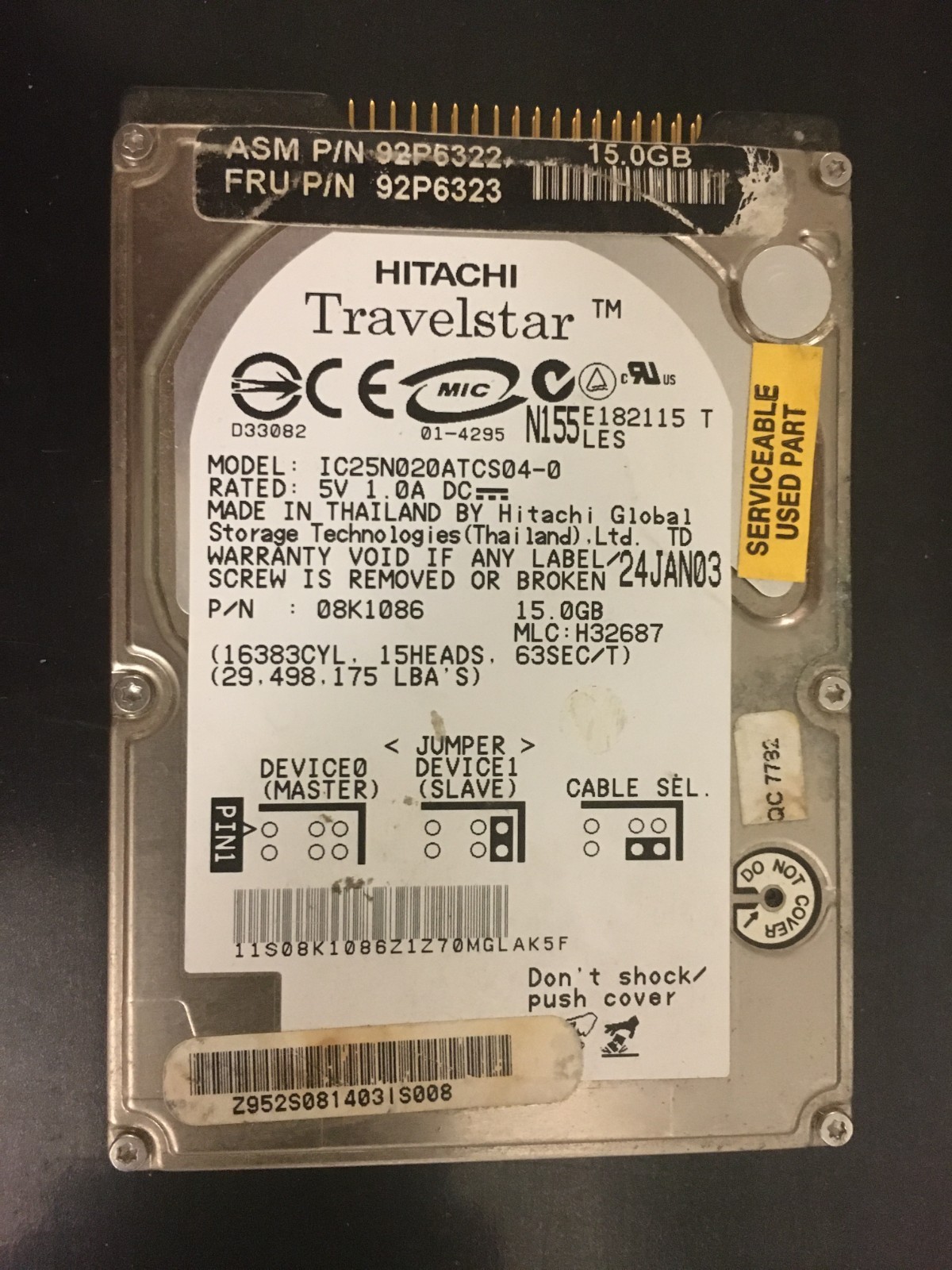 Hitachi IC25N020ATCS04-0 2.5" Hard Disk Drive 15 GB P/N 08K1086 - TESTED .
