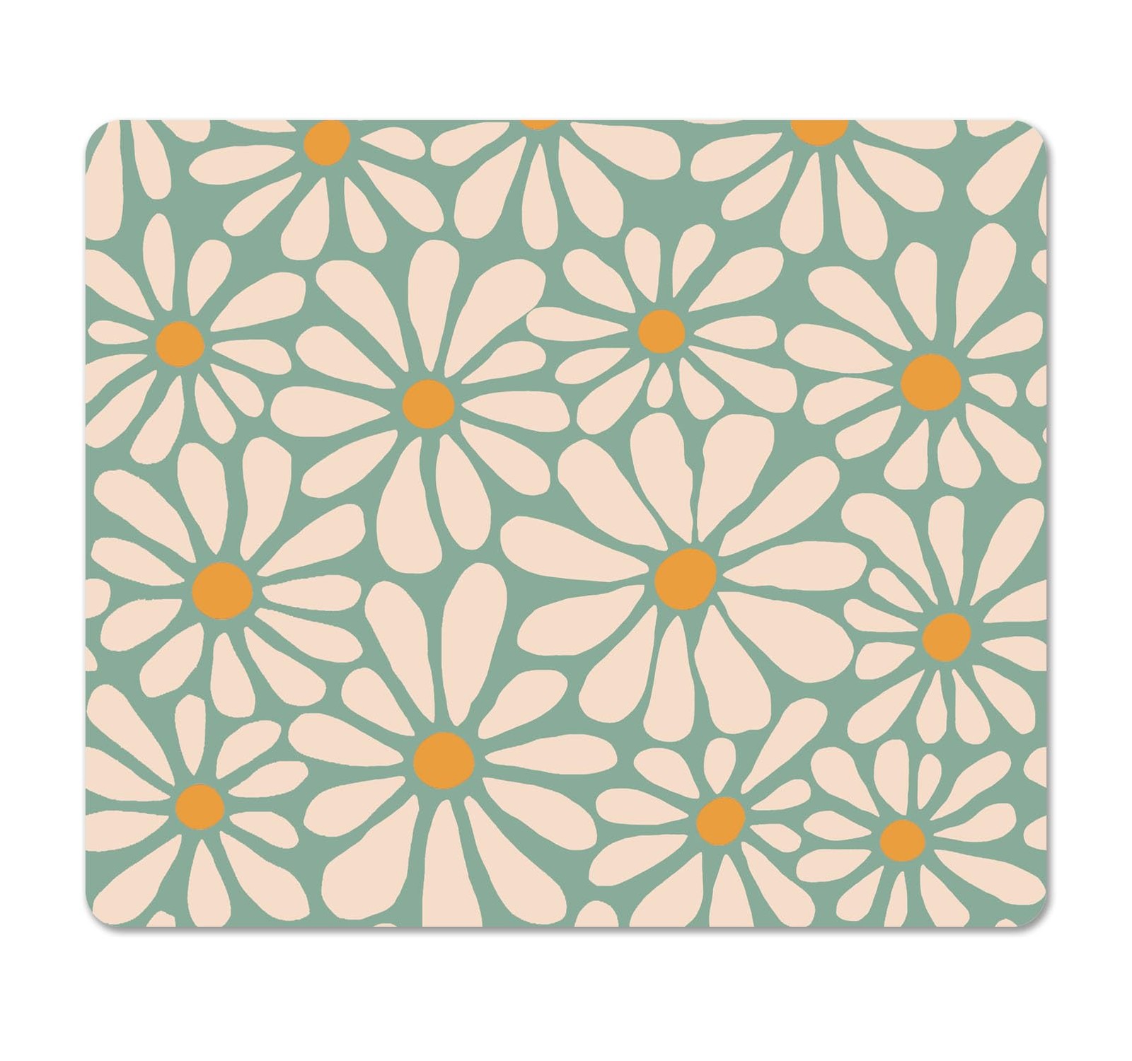 Square Green Flowers Mouse Pad Retro, Cute Daisy Boho White on