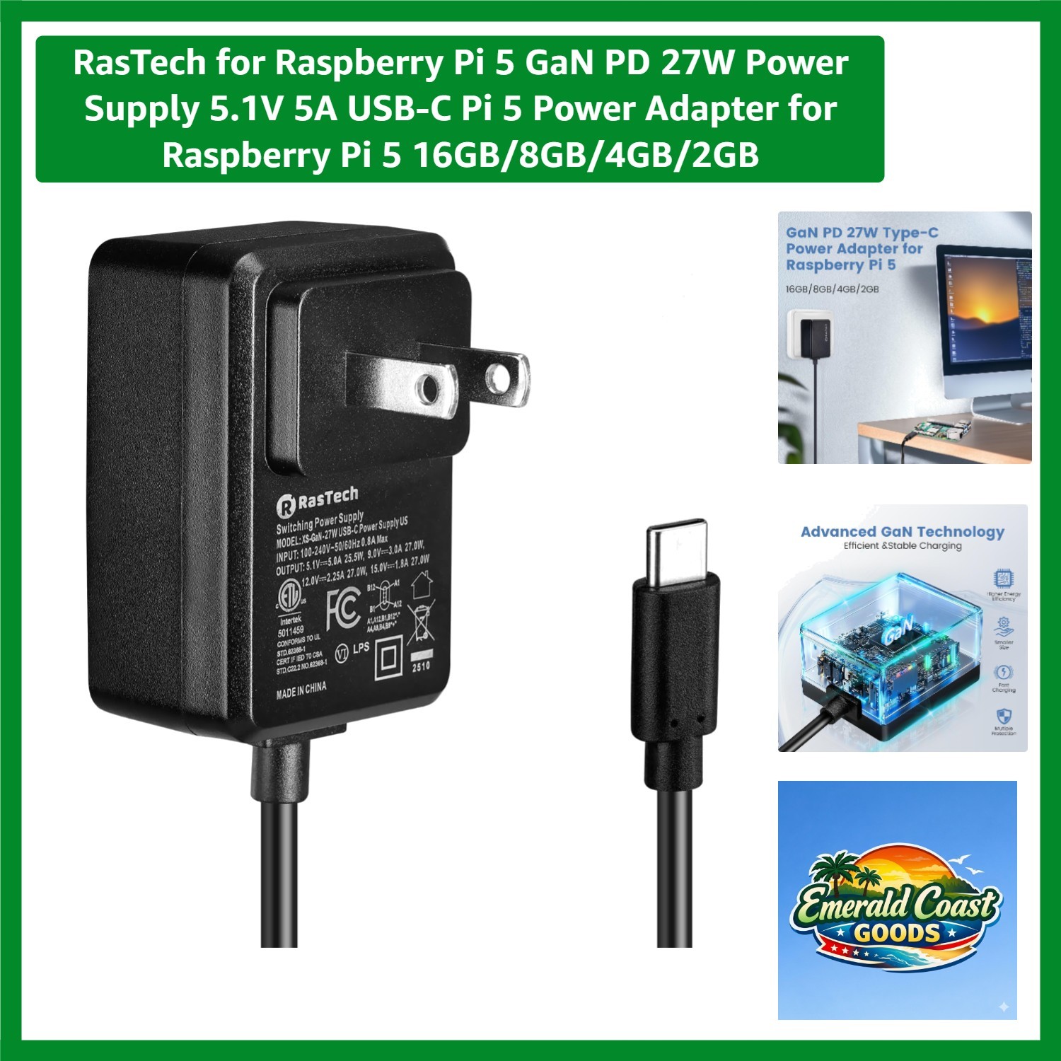 RasTech for Raspberry Pi 5 GaN PD 27W Power Supply 5.1V 5A USB-C Pi 5 Power A...