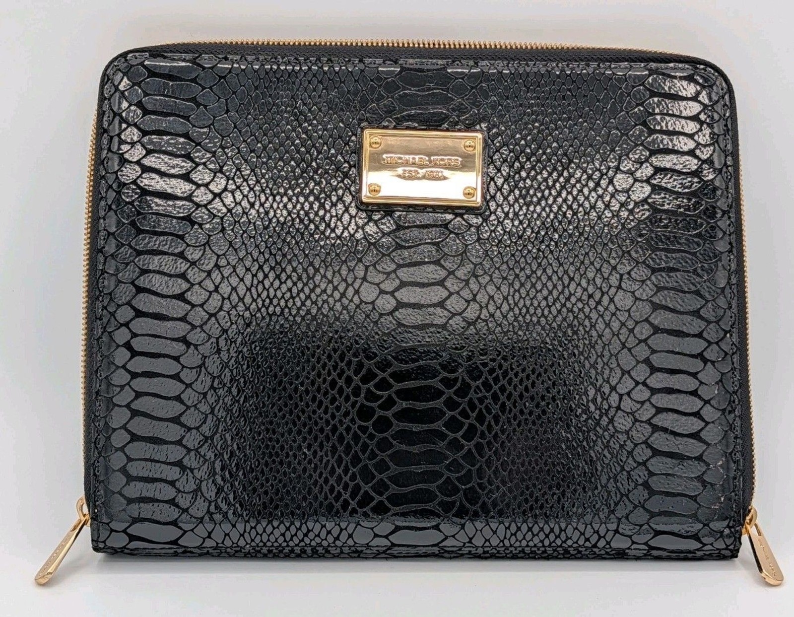 Michael Kors Black Python Embossed Zip Around iPad Folio Case Gold Hardware MK