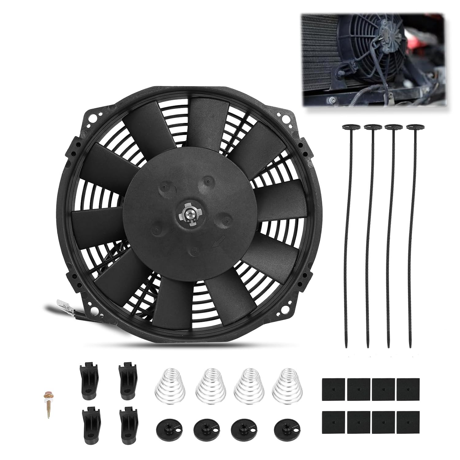 Universal 8 Inch Black Slim Radiator Cooling Fan 12V 80W with Mount Kit 8 inch