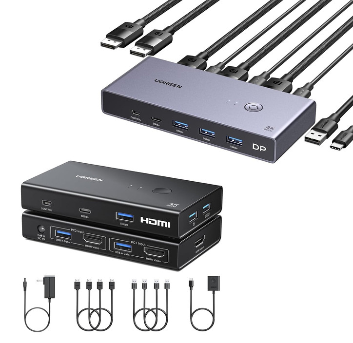 UGREEN 8K@60Hz Displayport KVM Switch 2 Monitors 2 Computers, Aluminum with 4 US