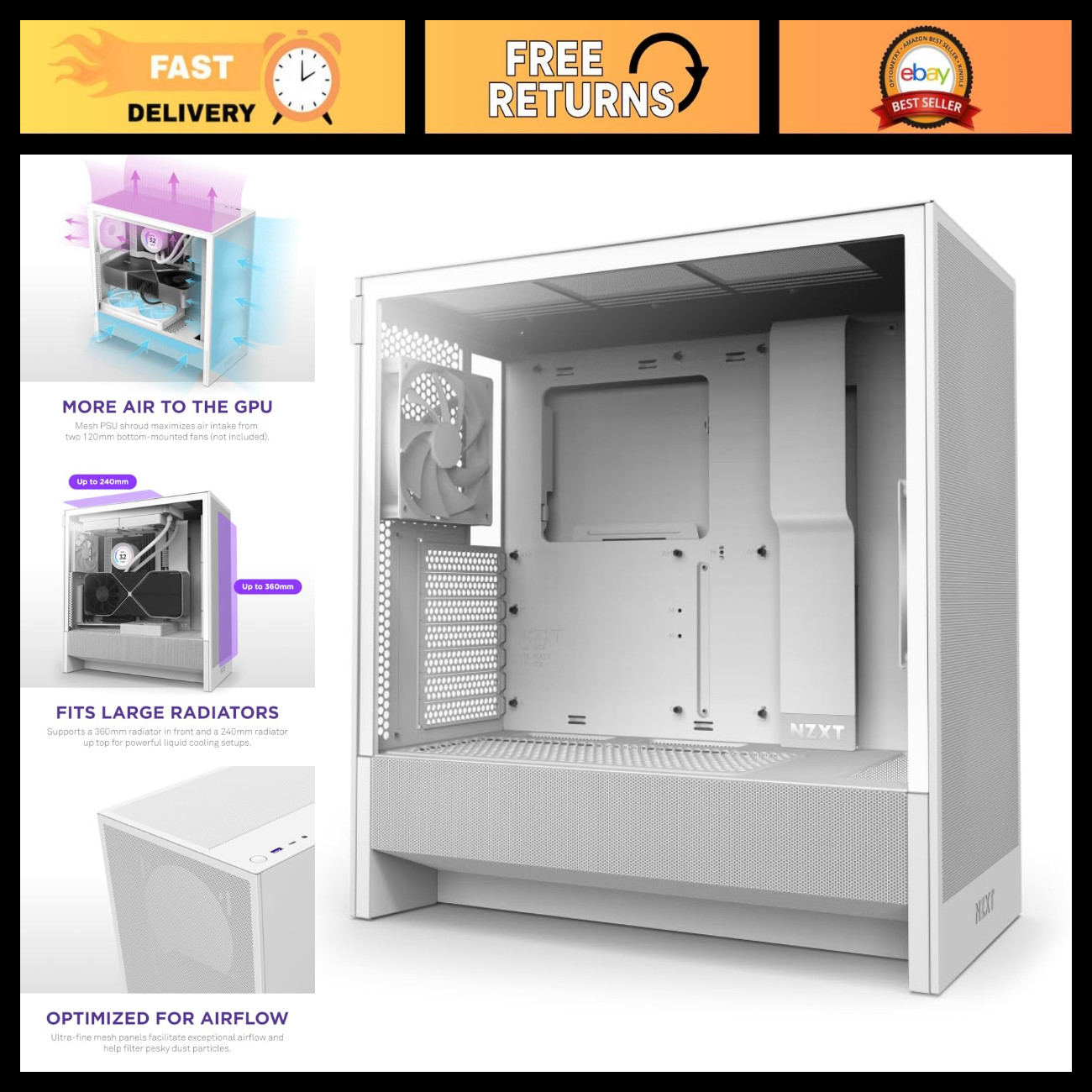 Compact ATX Mid-Tower PC Case - White - High Airflow Design, Easy Cable Manageme