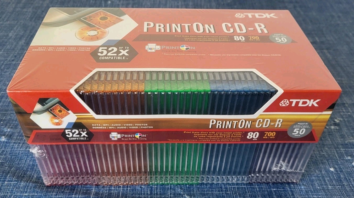 TDK • PrintOn CD-R • 50pk • 52x 700MB 80min Discs w/Rainbow Slim Cases • New