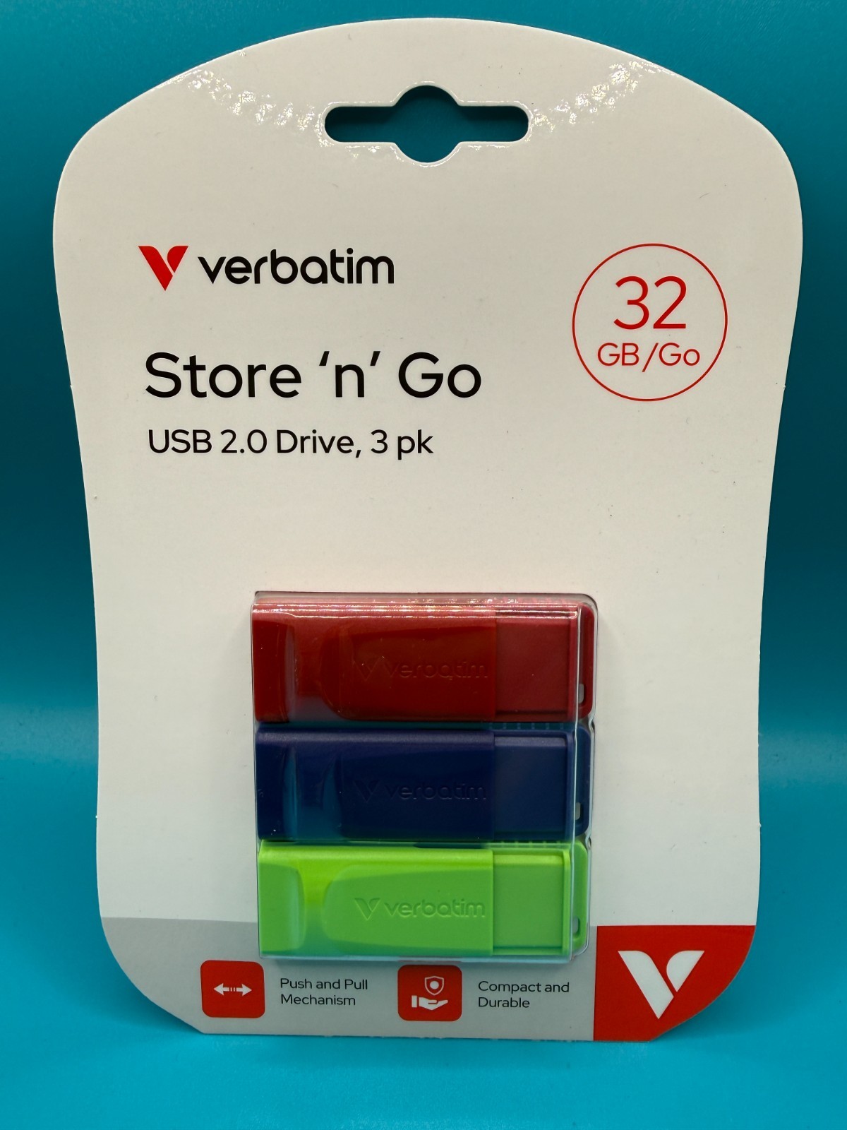 Verbatim® Store 'n' Go USB Flash Drive, 32GB, Blue, Green, Red, 3/Pack
