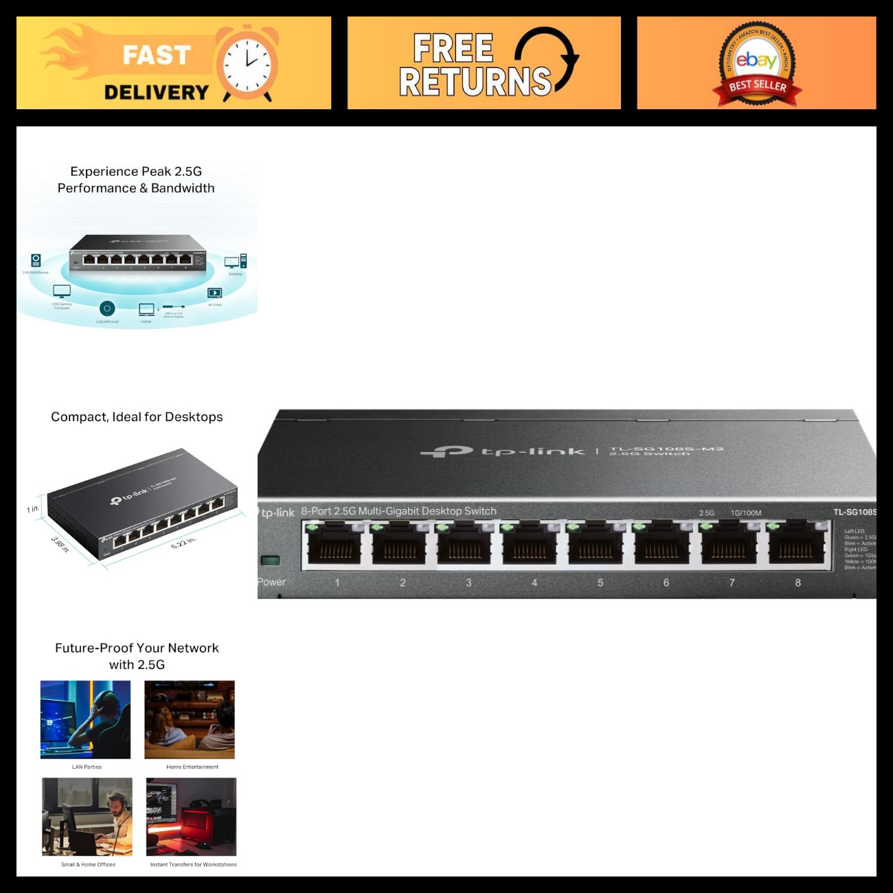 8-Port Multi-Gigabit 2.5G Unmanaged Ethernet Switch, High-Speed Network Hub