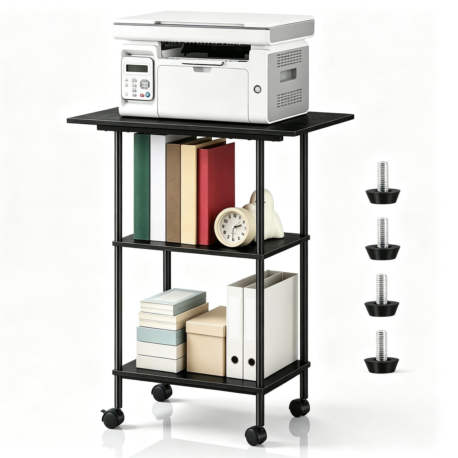 3 Tier Black Large Printer Stand Storage Rolling Printer Cart Office