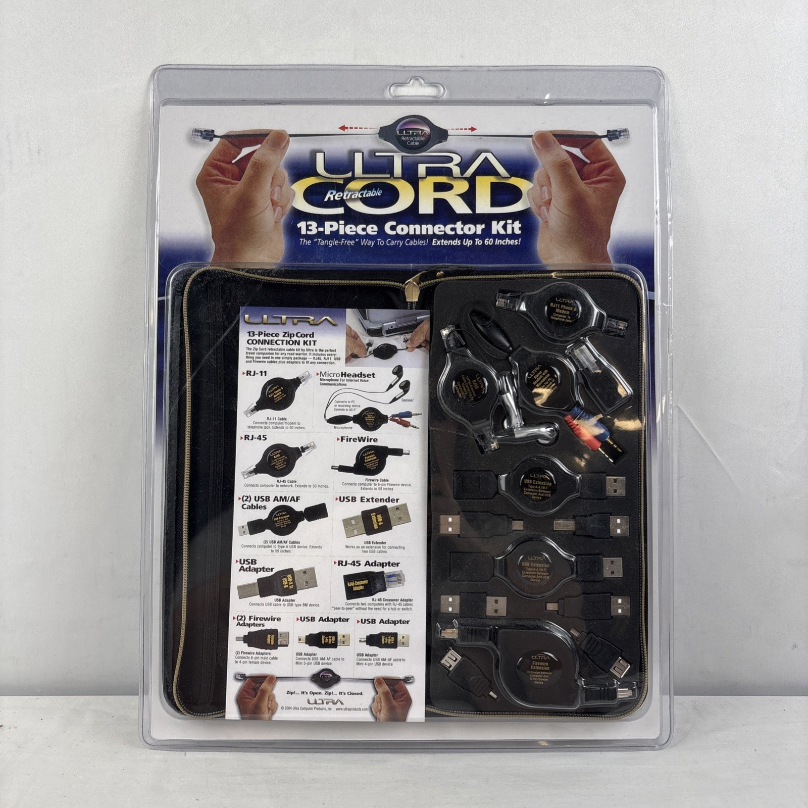 Ultra Retractable Cord 13-Piece Connector Kit RJ-11 USB FireWire w/ Case New