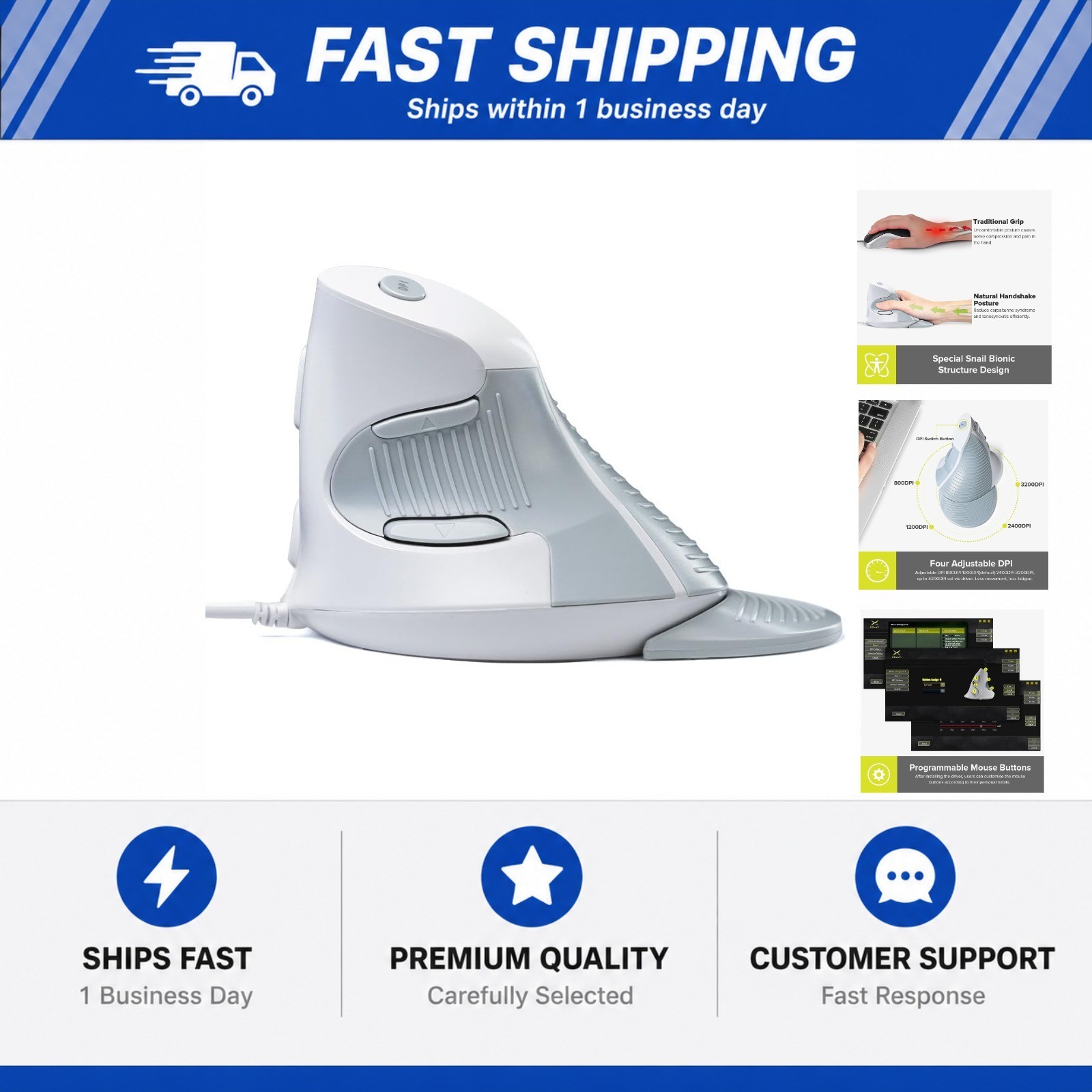 DELUX Wired Ergonomic Vertical Mouse, for Medium Hands(M618XU-White)