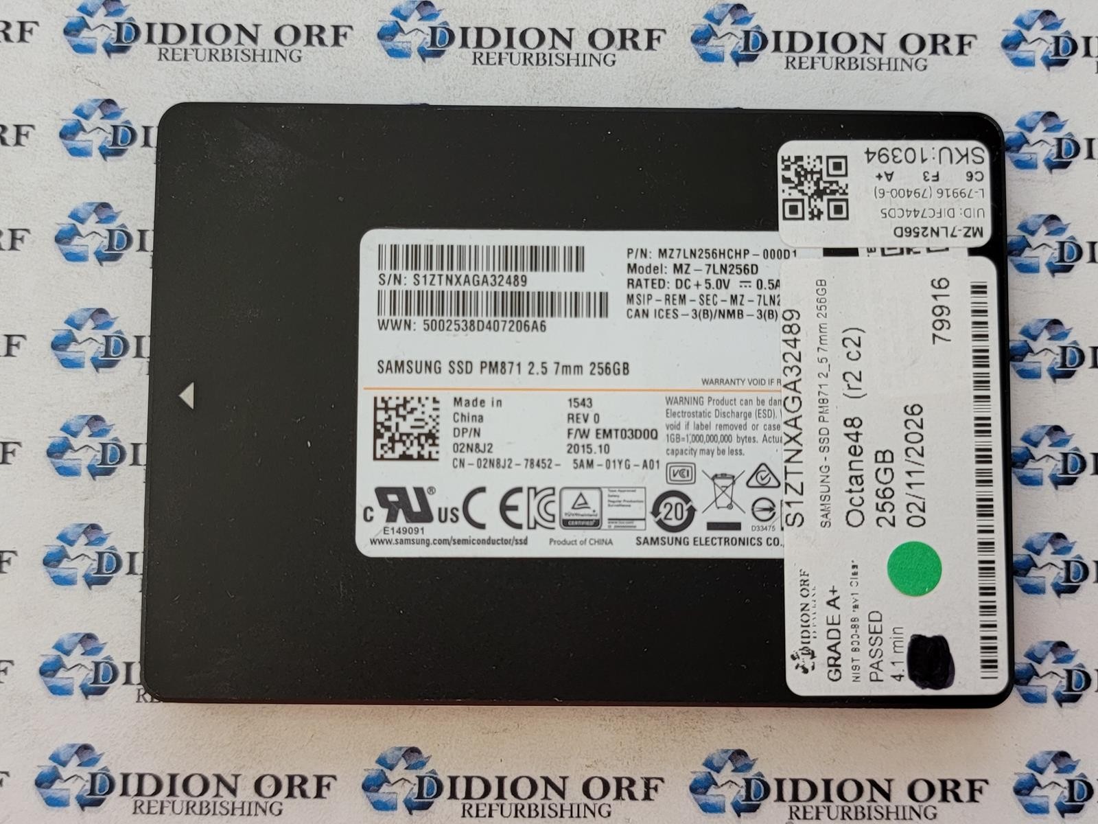 SAMSUNG PM871 256GB 2.5" SATA SSD MZ-7LN256D Grade A+, SKU 10394
