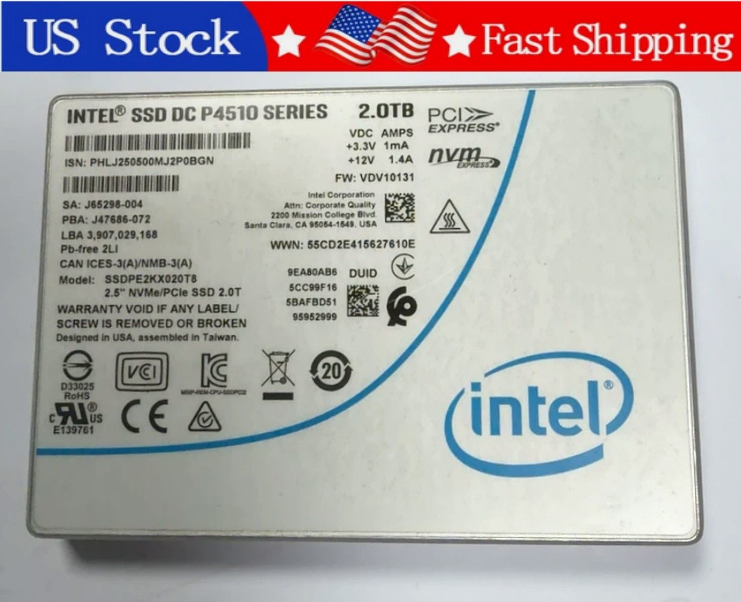 Used Intel DC P4510 2TB SSDPE2KX020T8 2.5" U.2 PCIe Gen3 x4 NVMe Enterprise SSD