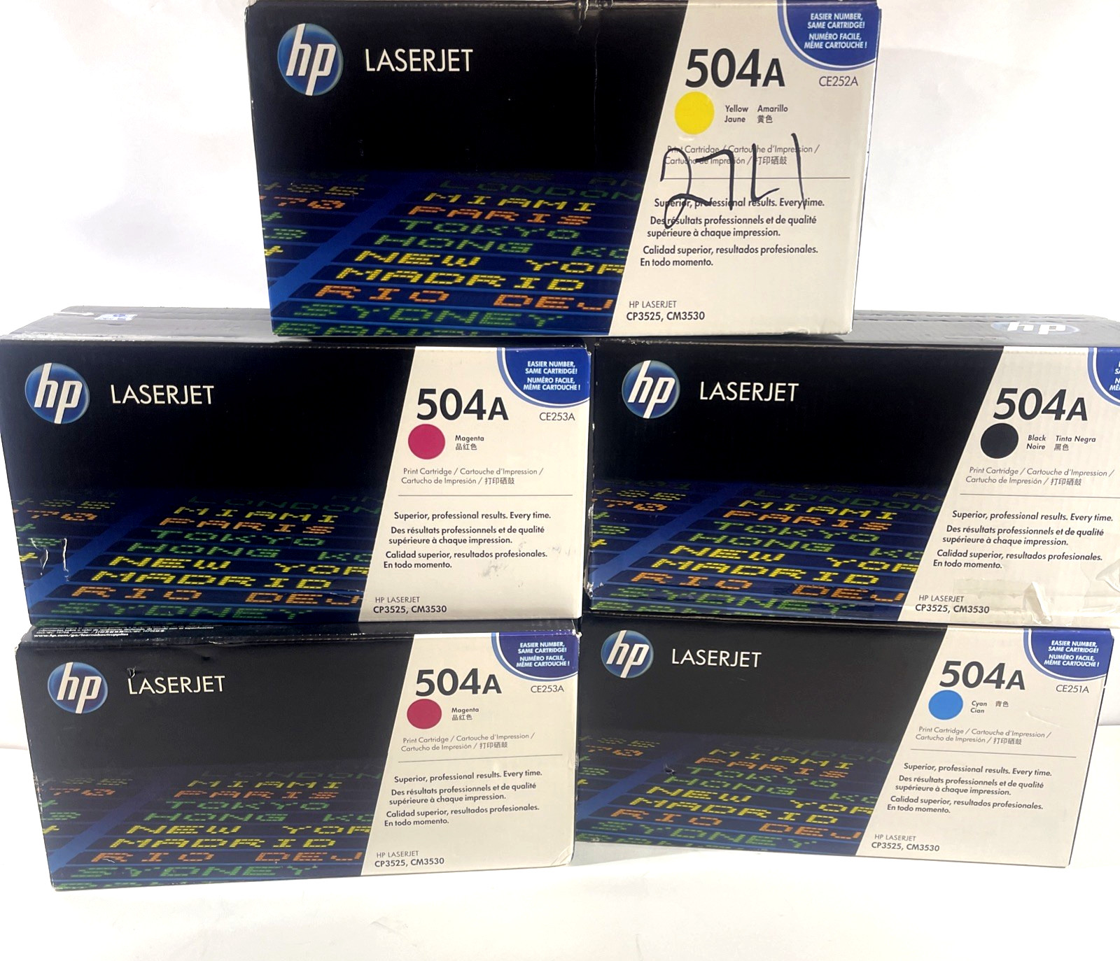 Genuine Set of 5 HP Laserjet 504A CE250A Series Toner Cartridges BYMC