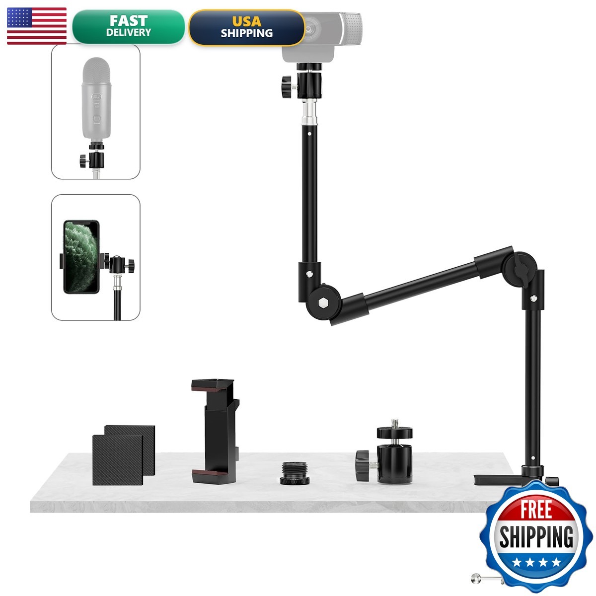 KDD Webcam Stand Camera Desk Mount Phone Holder & 5/8" Screw - 22" Flexible