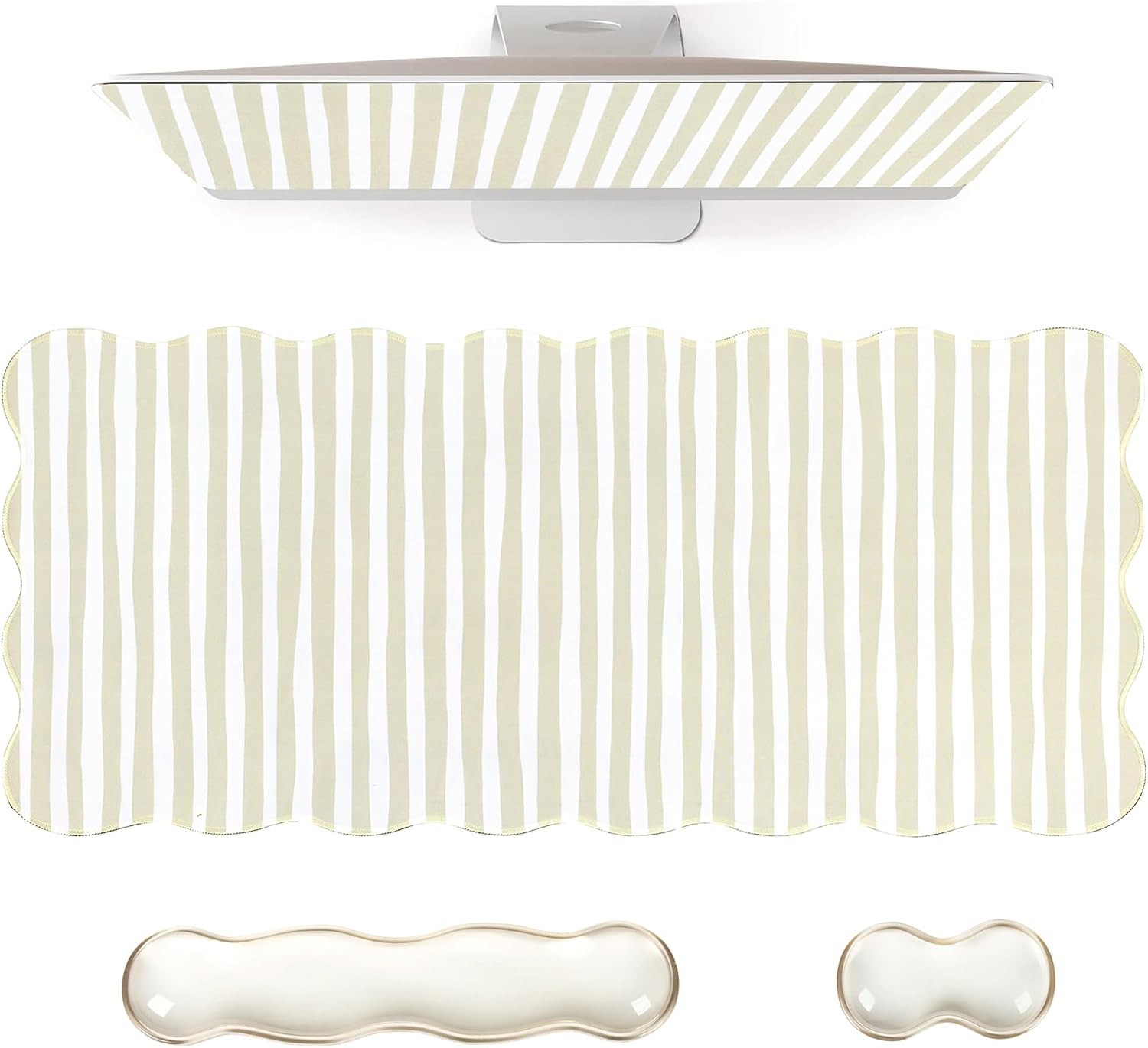 Beige Striped Mouse Pad Set,Scalloped XXL Desk Mat + Ergonomic Mouse Wrist Re