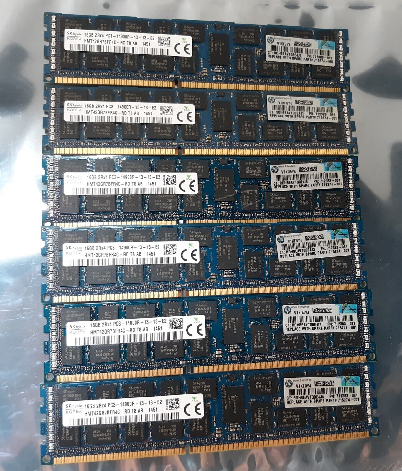 Lot of 6 SK Hynix 16GB 2Rx4 PC3-14900R HMT42GR7BFR4C Server RAM w/ HP 71283-081